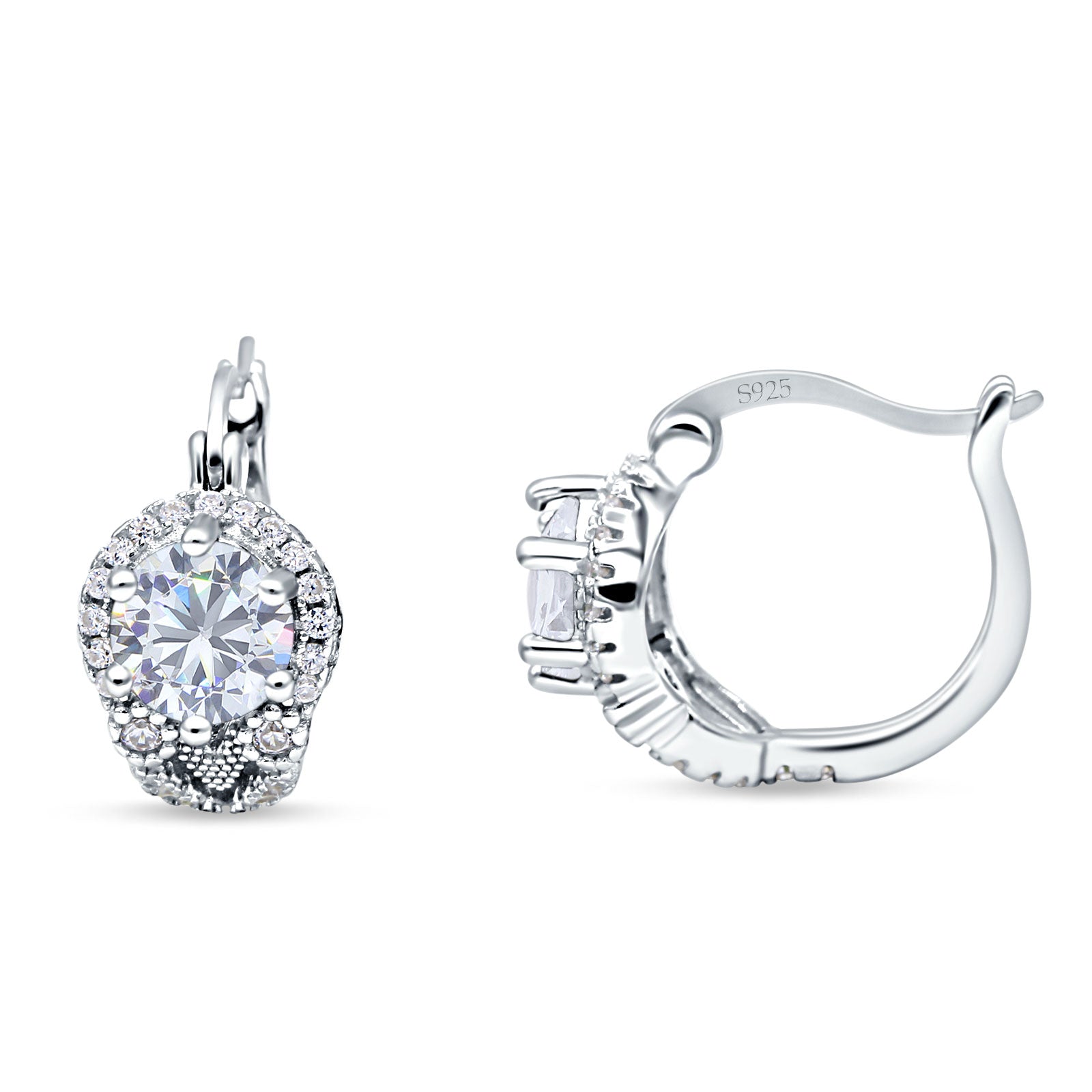 Halo Round Huggie Hoop Earrings Cubic Zirconia 925 Sterling Silver