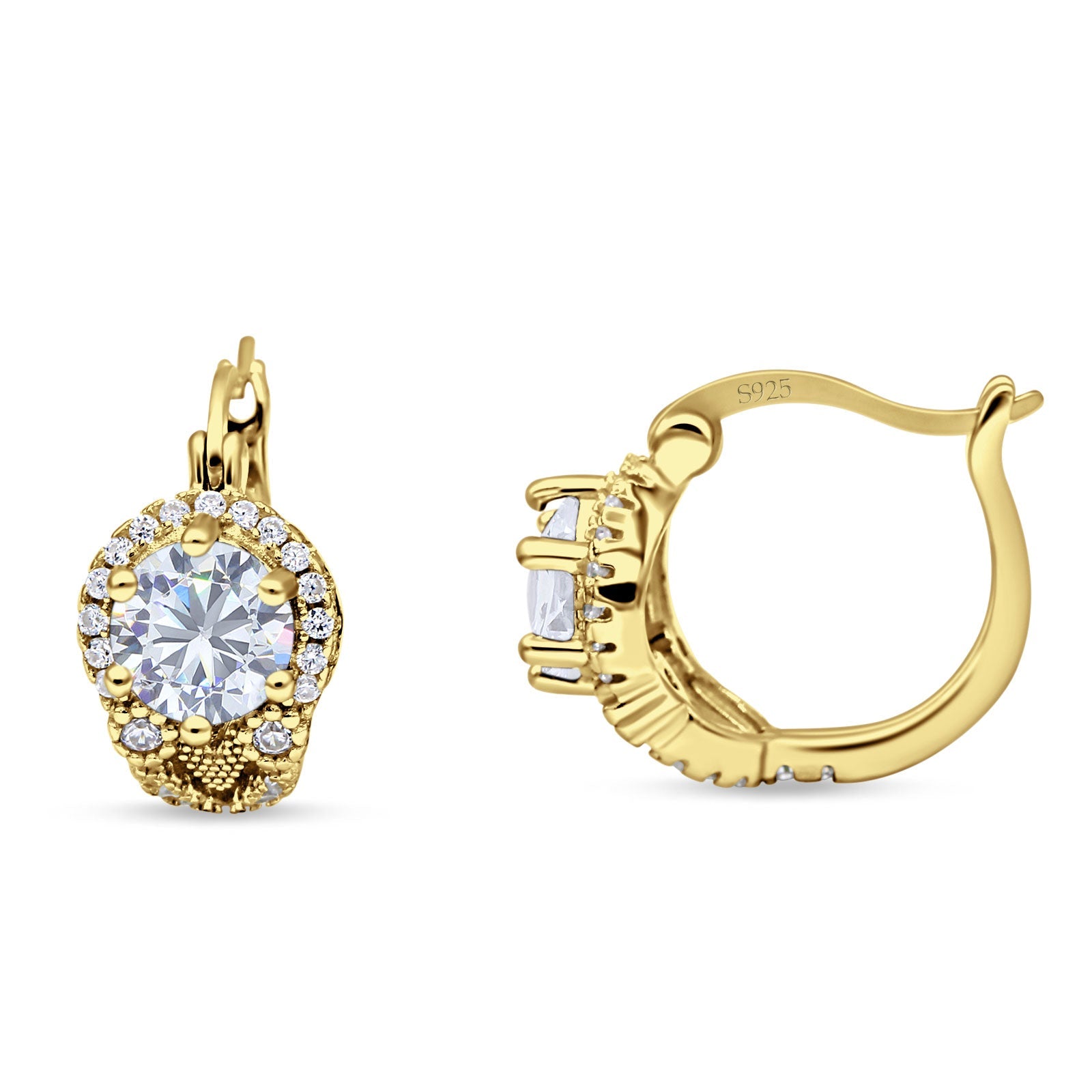 Halo Round Huggie Hoop Earrings Cubic Zirconia 925 Sterling Silver