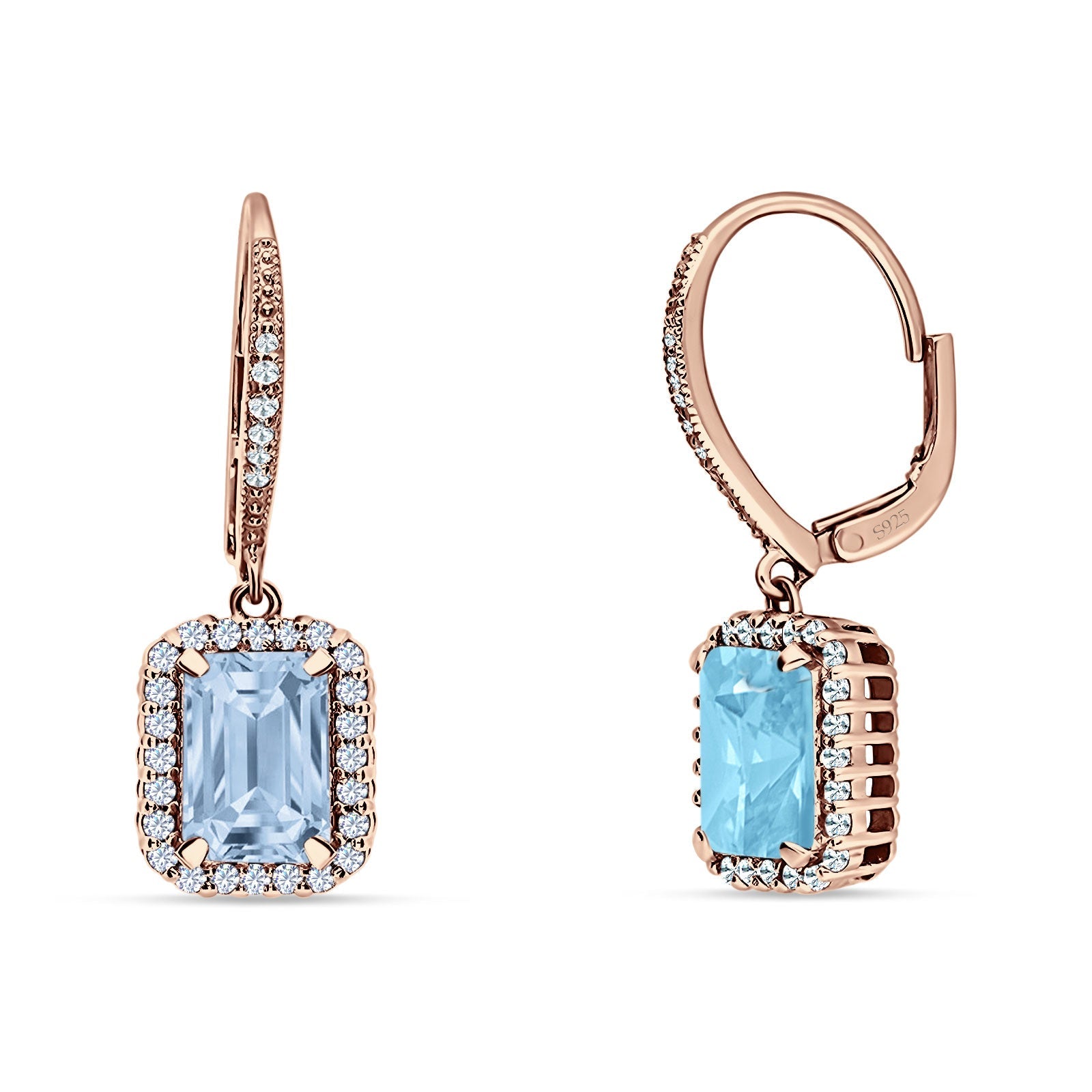 Emerald Cut Dangle Drop Leverback Earrings Cubic Zirconia 925 Sterling Silver
