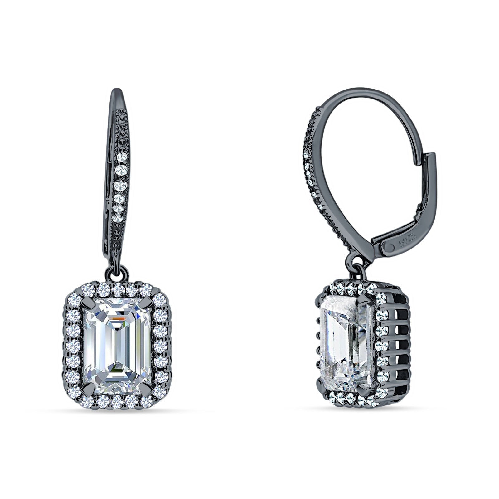 Emerald Cut Dangle Drop Leverback Earrings Cubic Zirconia 925 Sterling Silver
