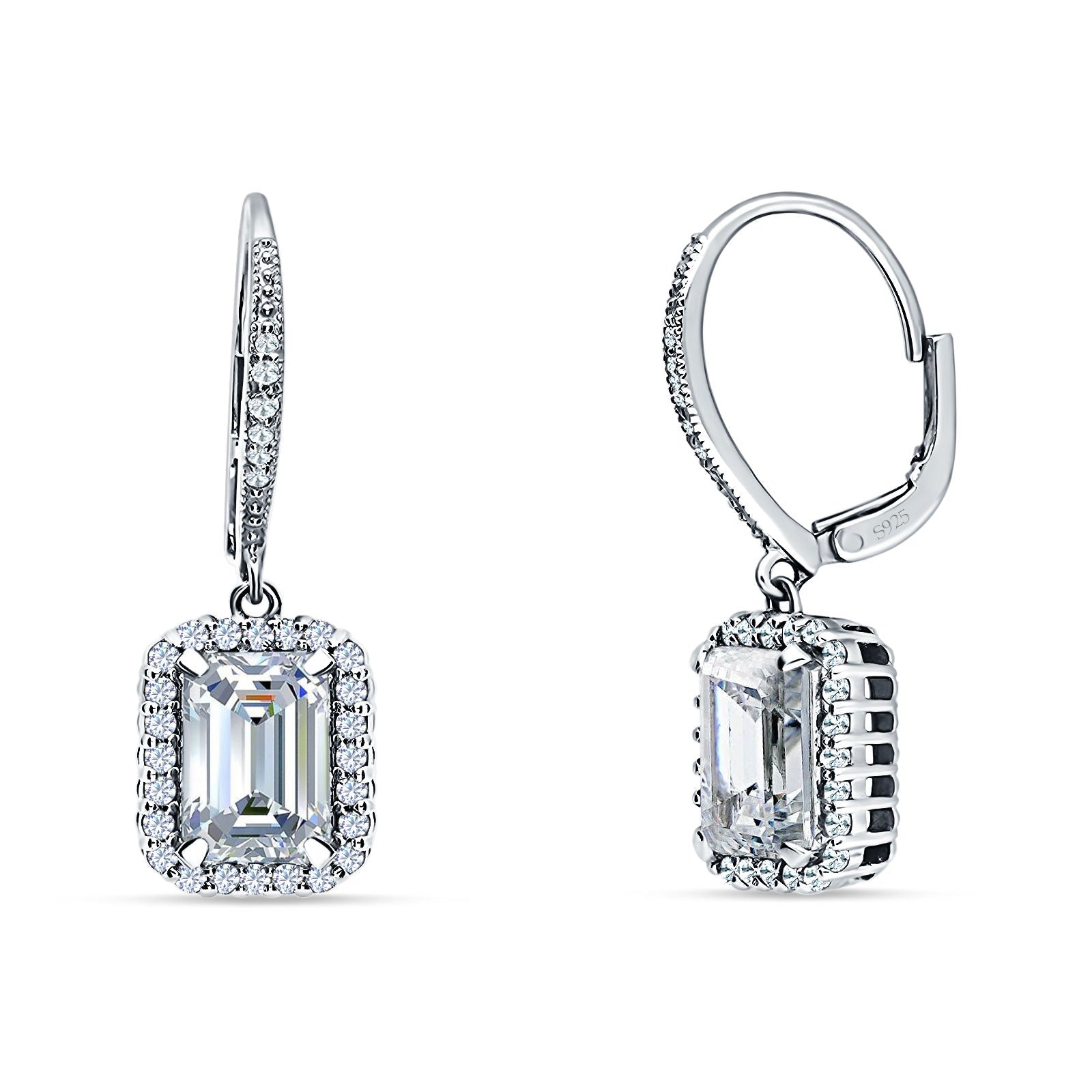 Emerald Cut Dangle Drop Leverback Earrings Cubic Zirconia 925 Sterling Silver