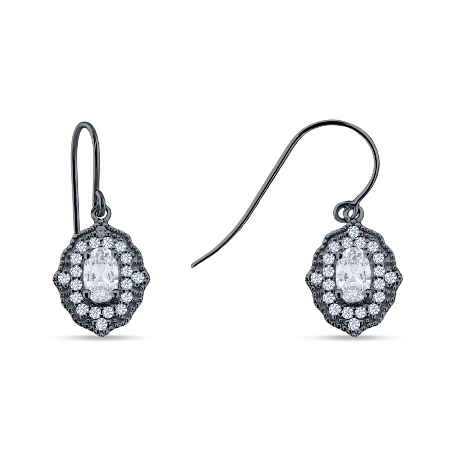 Halo Oval Fishhook Earrings Cubic Zirconia 925 Sterling Silver