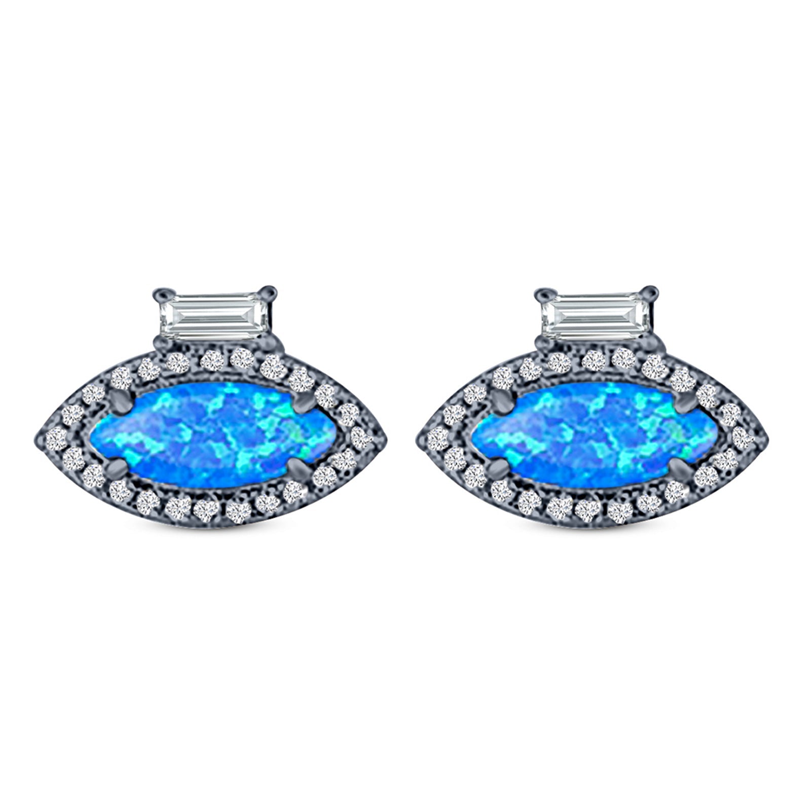 Halo Marquise Art Deco Stud Earring Created Opal 925 Sterling Silver (10.9mm)
