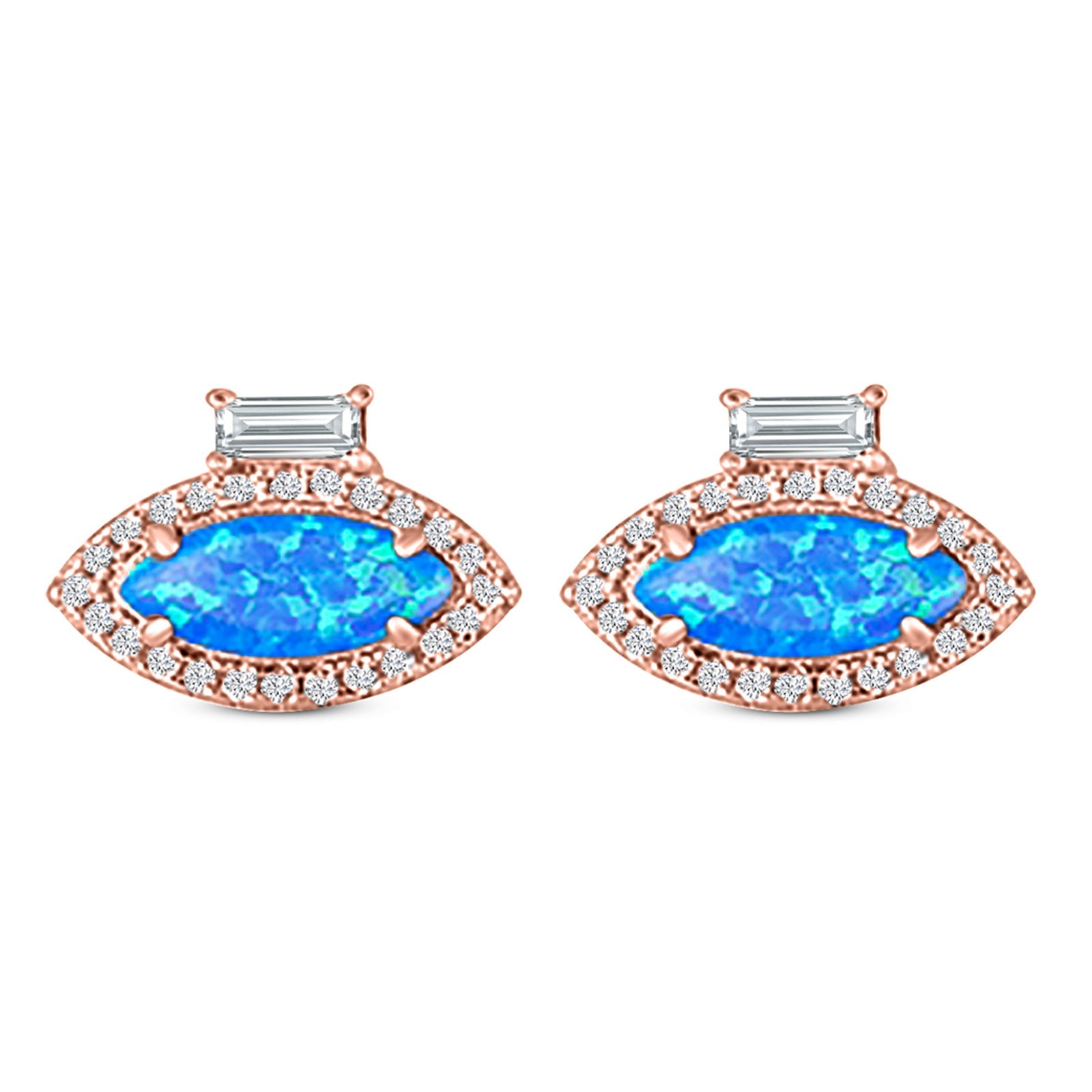 Halo Marquise Art Deco Stud Earring Created Opal 925 Sterling Silver (10.9mm)