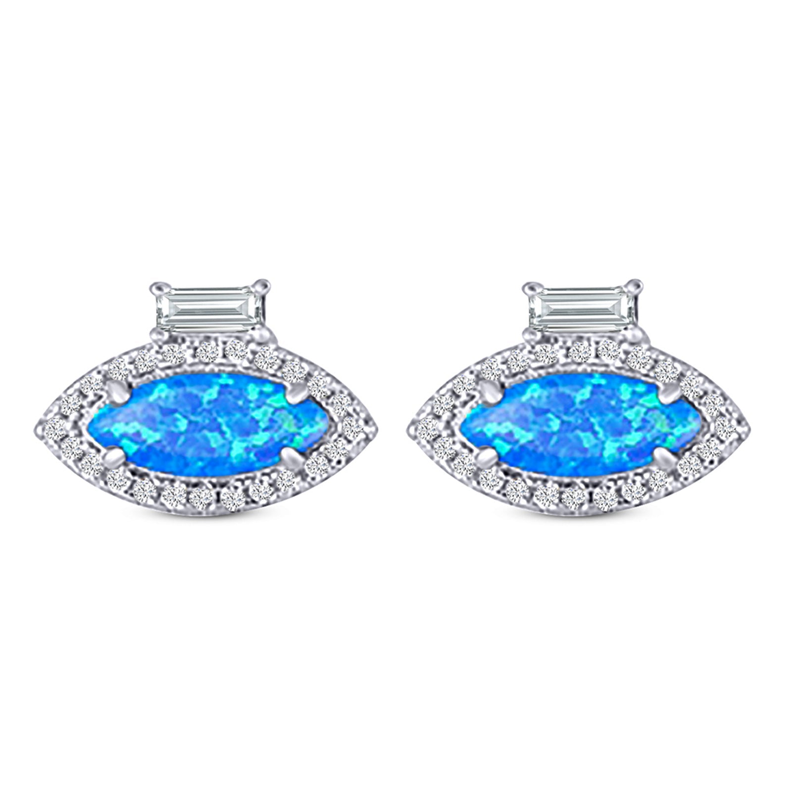 Halo Marquise Art Deco Stud Earring Created Opal 925 Sterling Silver (10.9mm)