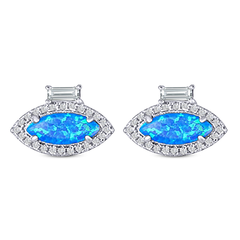 Halo Marquise Art Deco Stud Earring Created Opal 925 Sterling Silver (10.9mm)