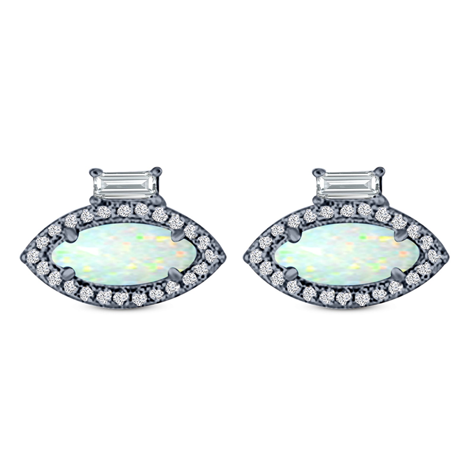 Halo Marquise Art Deco Stud Earring Created Opal 925 Sterling Silver (10.9mm)