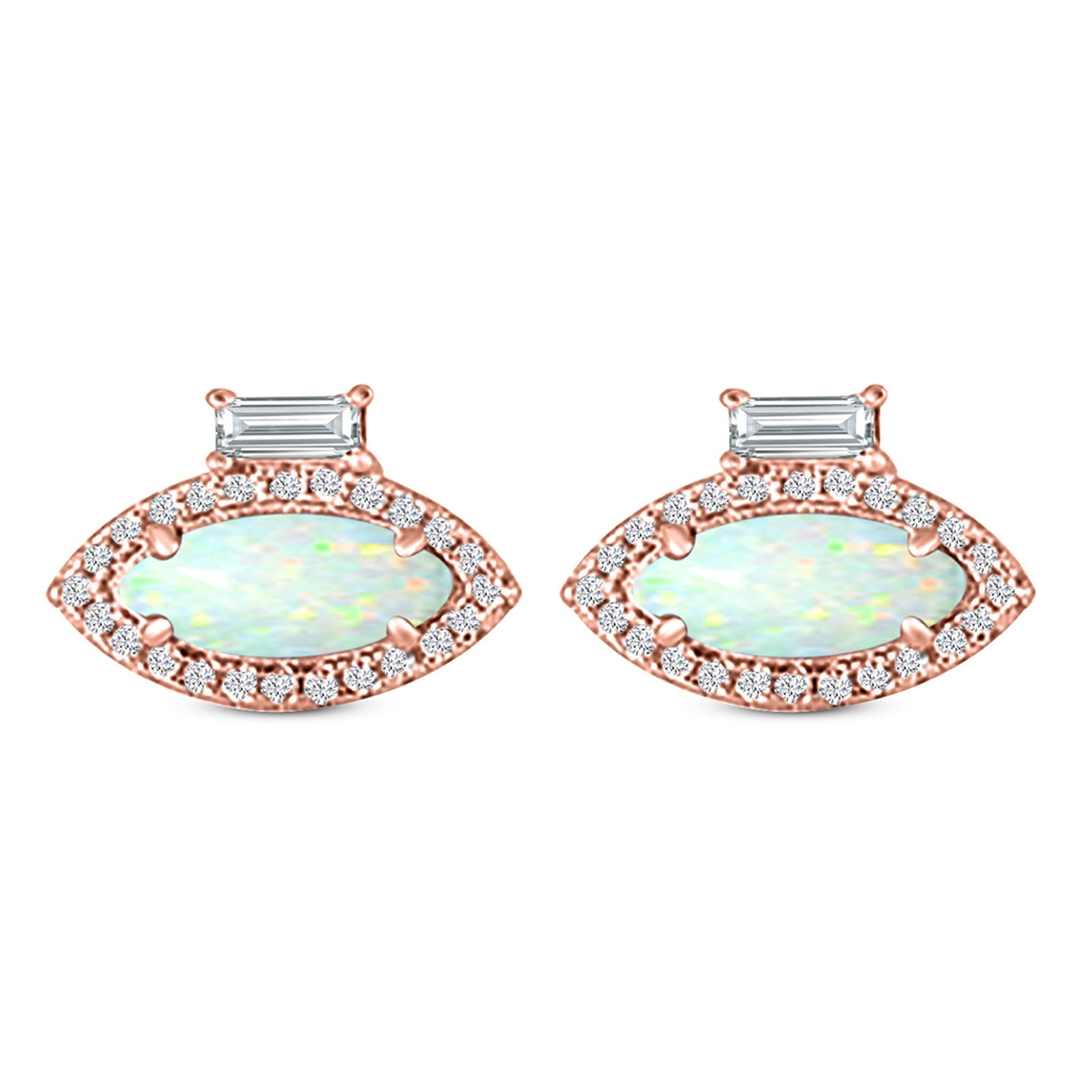 Halo Marquise Art Deco Stud Earring Created Opal 925 Sterling Silver (10.9mm)