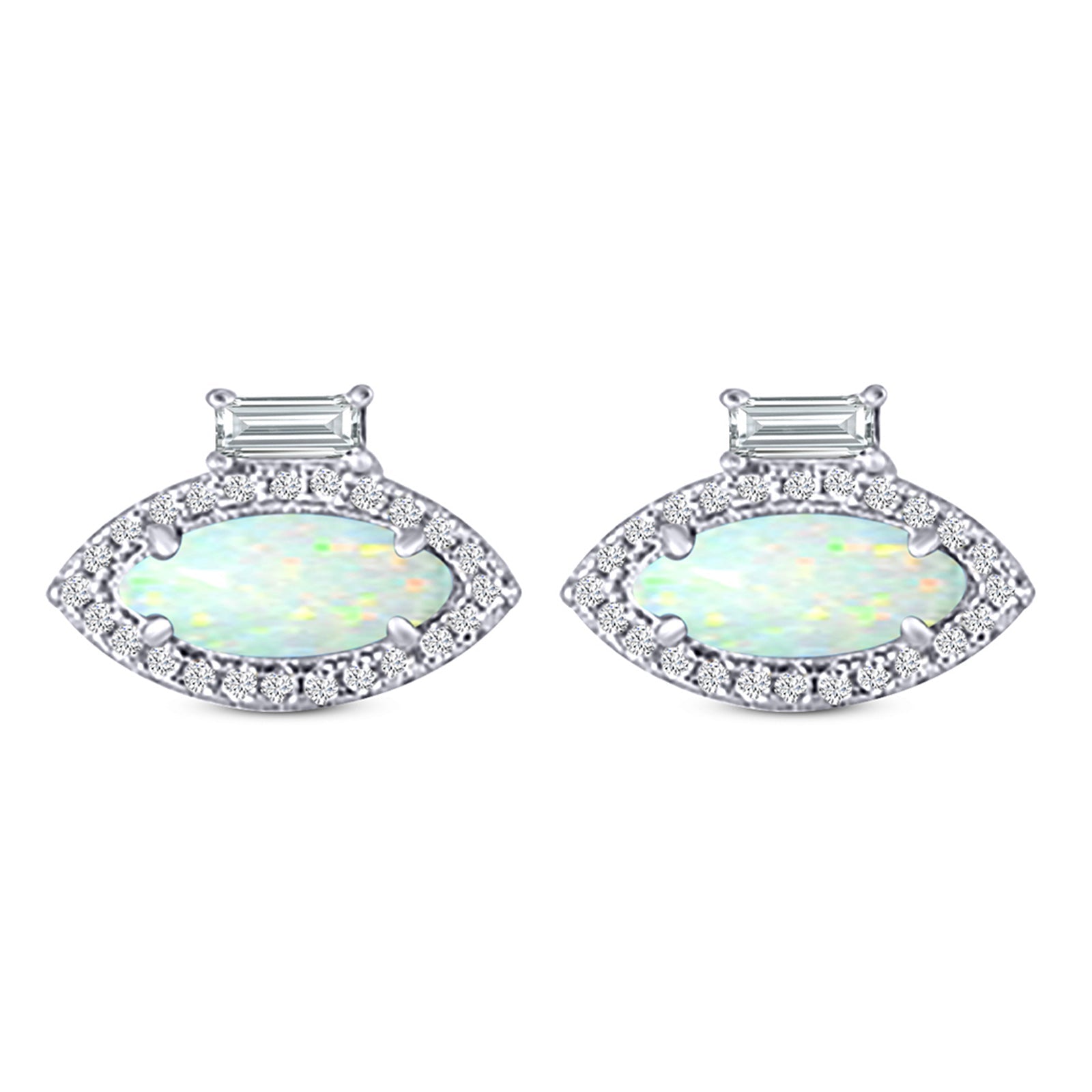Halo Marquise Art Deco Stud Earring Created Opal 925 Sterling Silver (10.9mm)