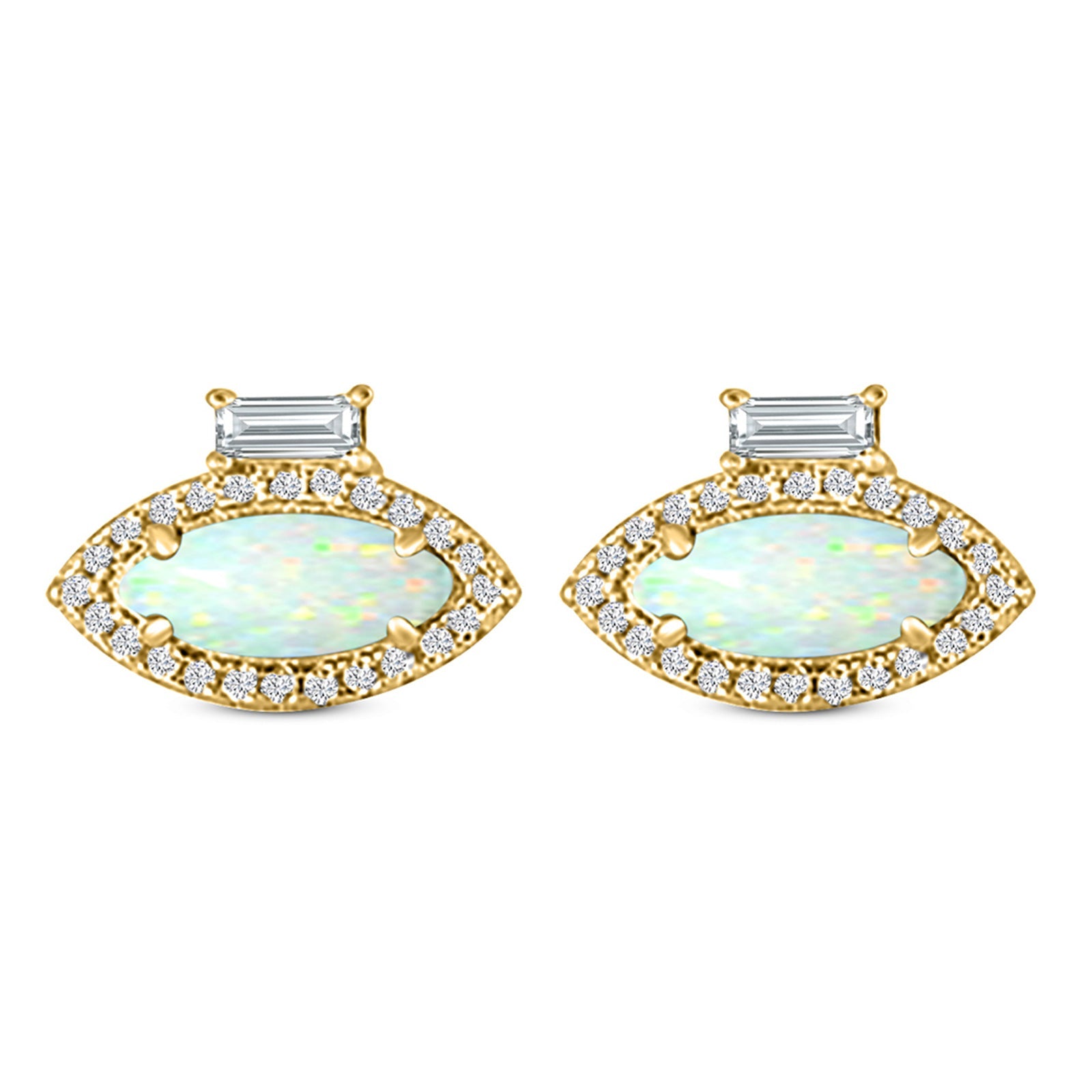 Halo Marquise Art Deco Stud Earring Created Opal 925 Sterling Silver (10.9mm)