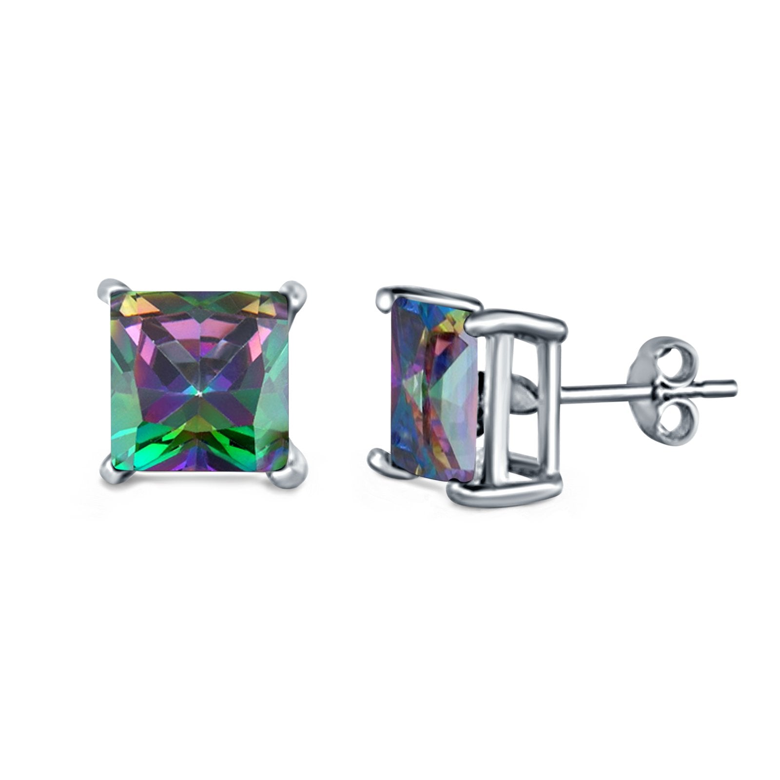 Halo Stud Earrings Princess Cut Simulated Cubic Zirconia 925 Sterling Silver (4mm-10mm)