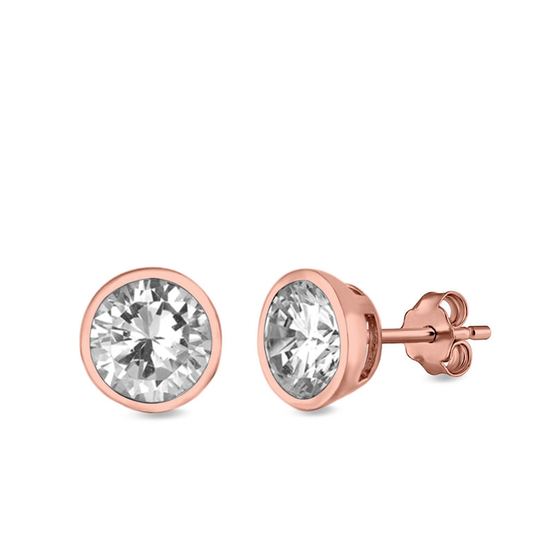 Bezel Stud Earrings Round Simulated Cubic Zirconia 925 Sterling Silver (4mm-9mm)