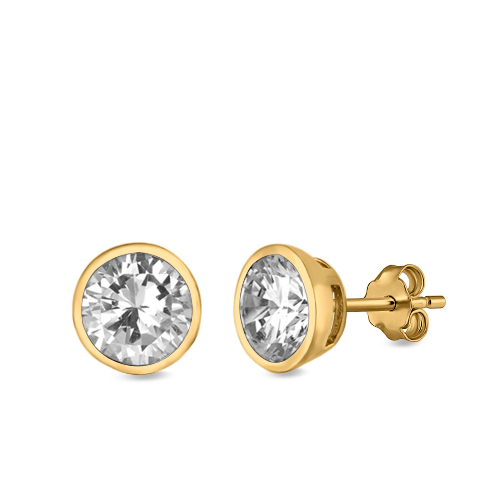 Bezel Stud Earrings Round Simulated Cubic Zirconia 925 Sterling Silver (4mm-9mm)