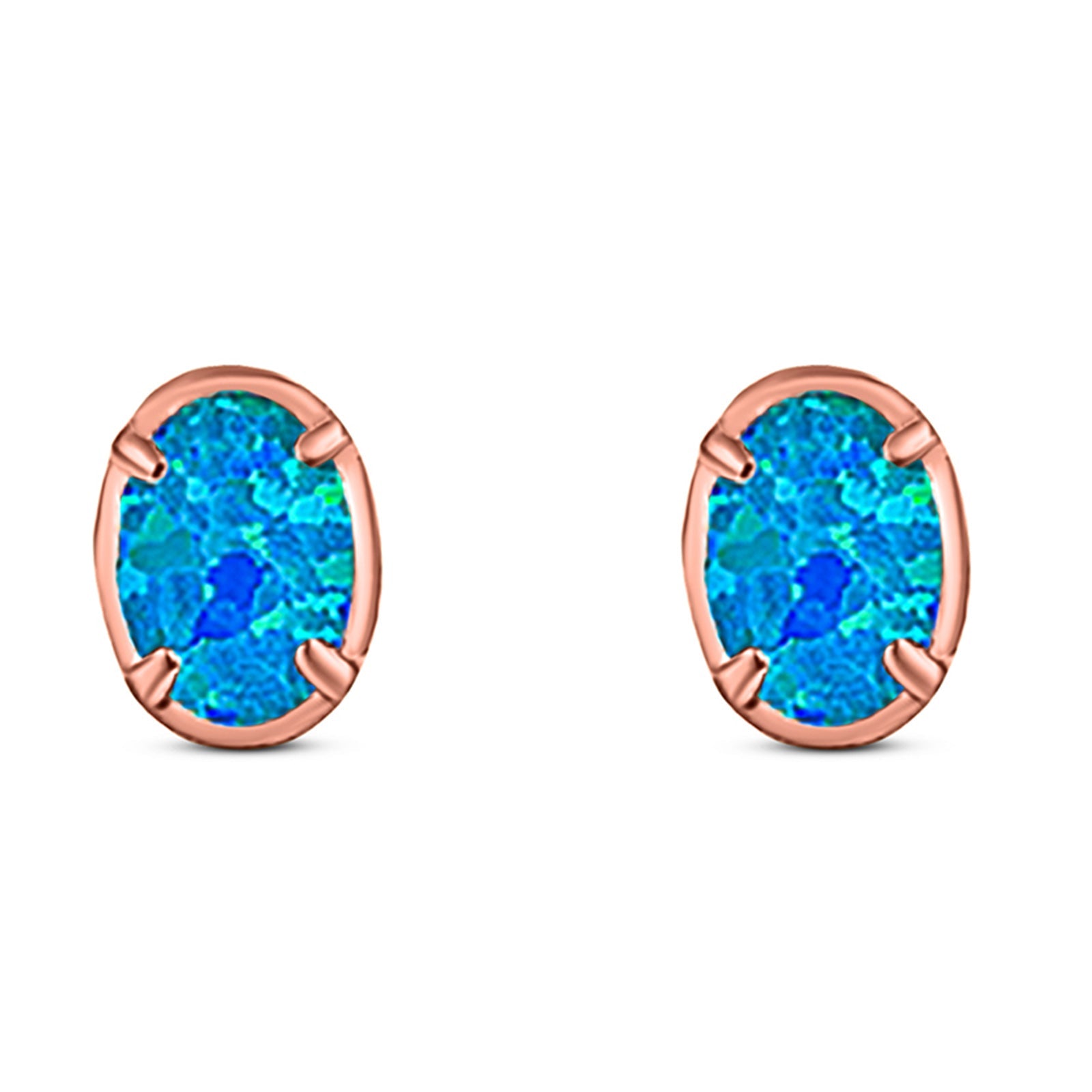 Art Deco Oval Stud Earring Created Opal Solid 925 Sterling Silver (8mm)