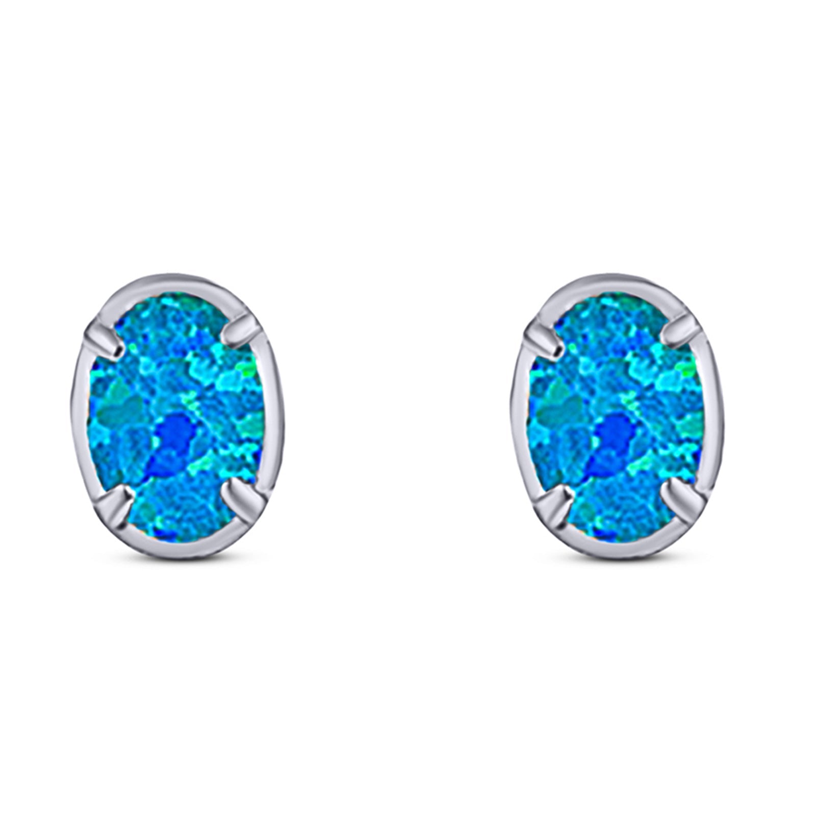 Art Deco Oval Stud Earring Created Opal Solid 925 Sterling Silver (8mm)