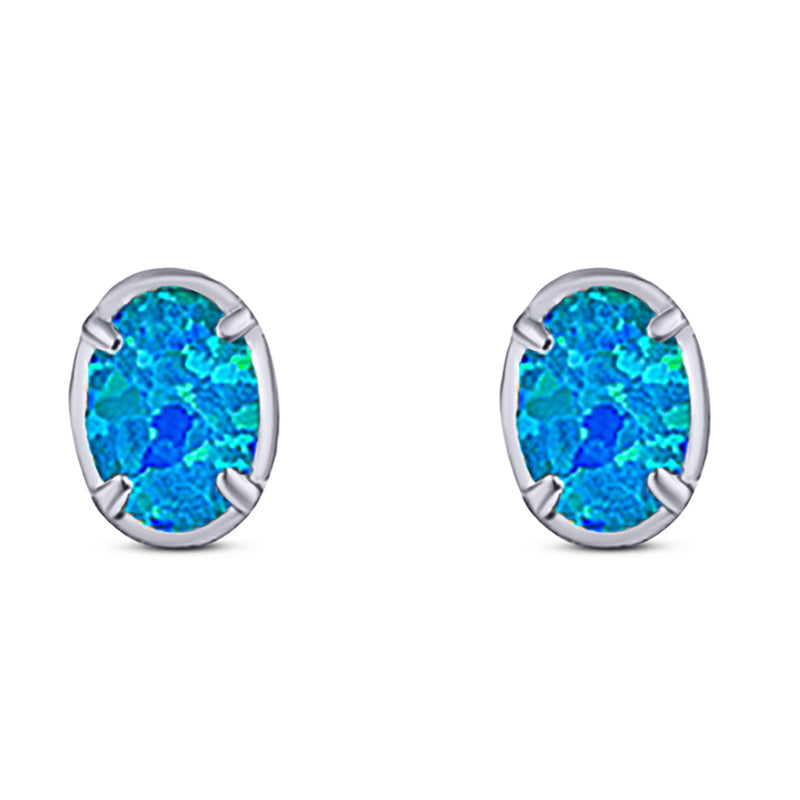 Art Deco Oval Stud Earring Created Opal Solid 925 Sterling Silver (8mm)