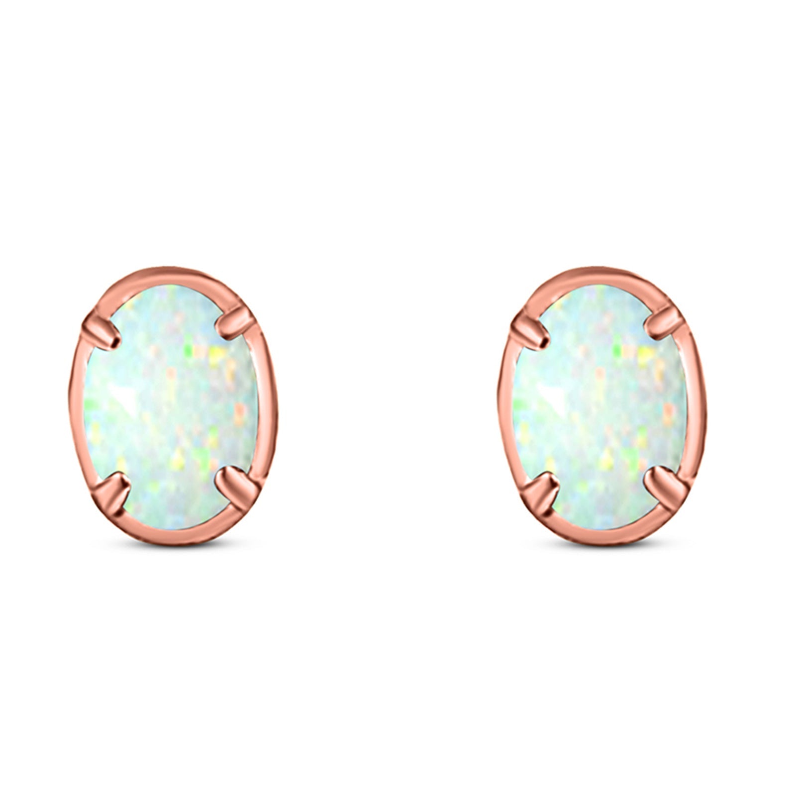Art Deco Oval Stud Earring Created Opal Solid 925 Sterling Silver (8mm)