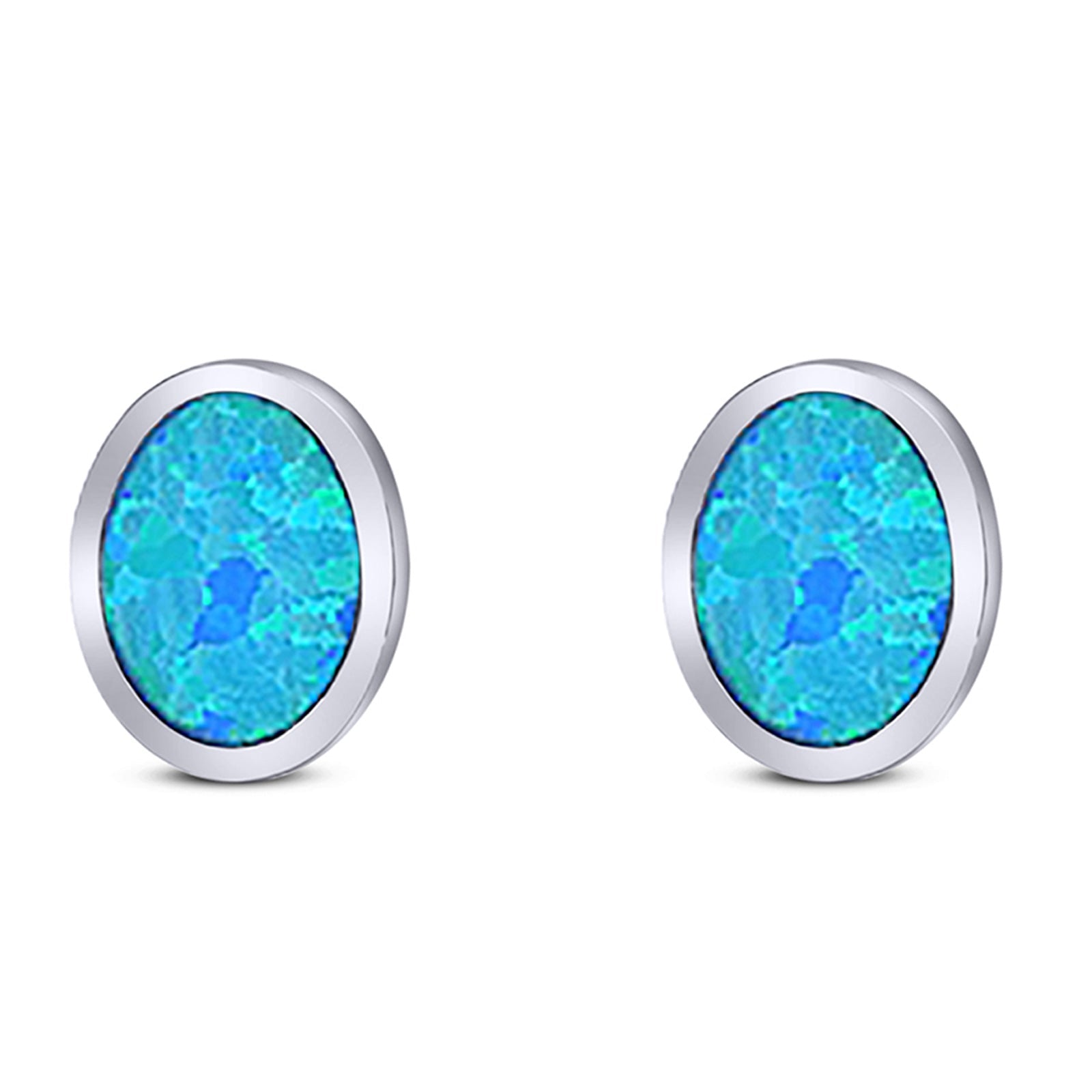 Oval Stud Earring Created Opal Solid 925 Sterling Silver (10mm)