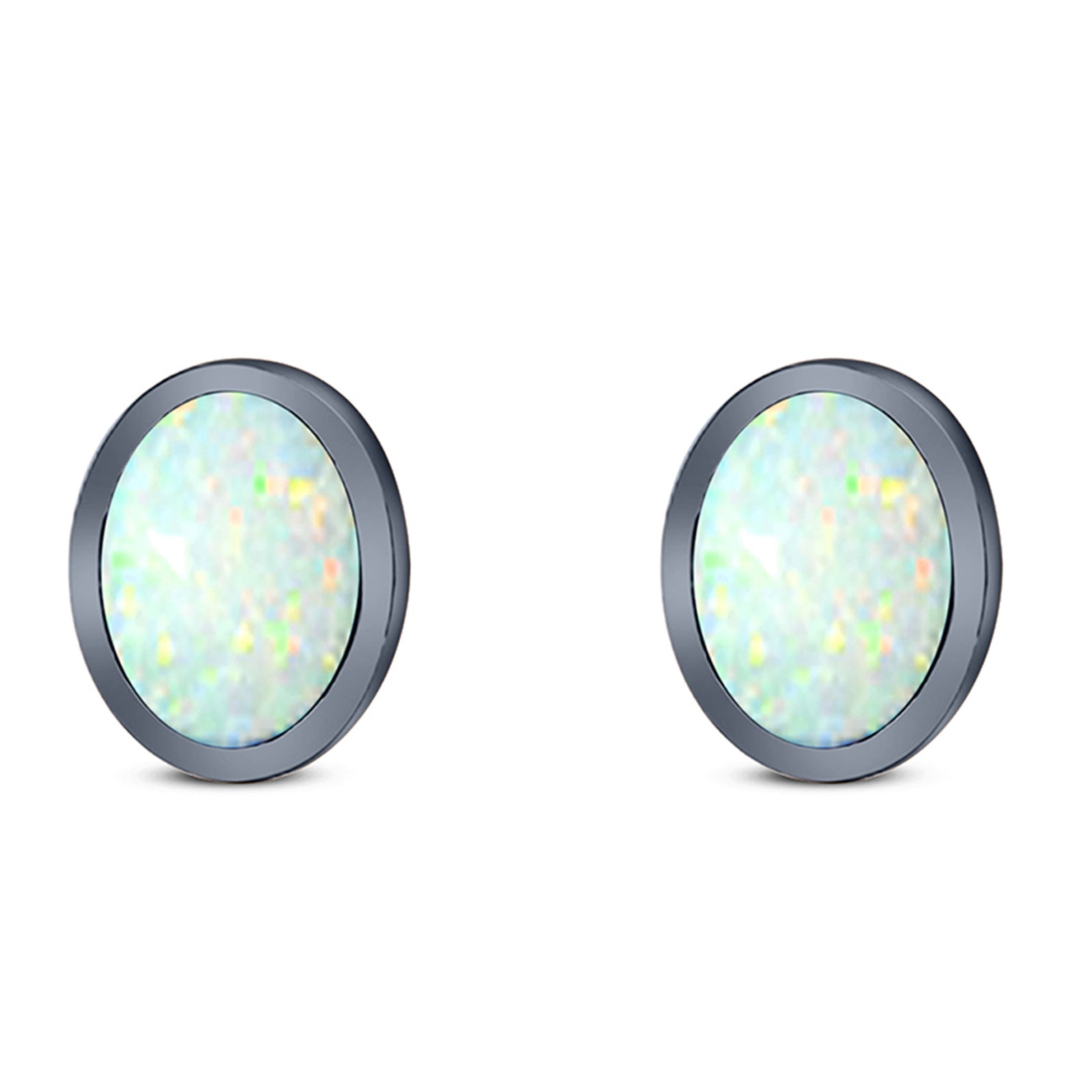 Oval Stud Earring Created Opal Solid 925 Sterling Silver (10mm)