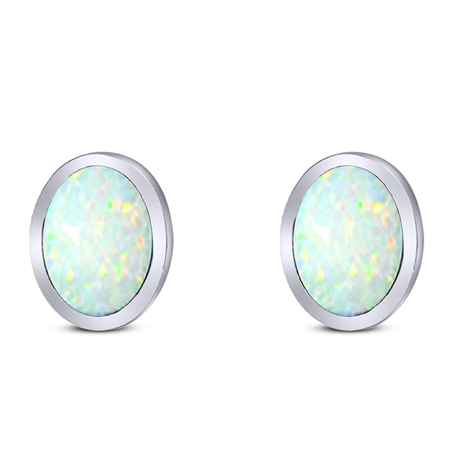 Oval Stud Earring Created Opal Solid 925 Sterling Silver (10mm)