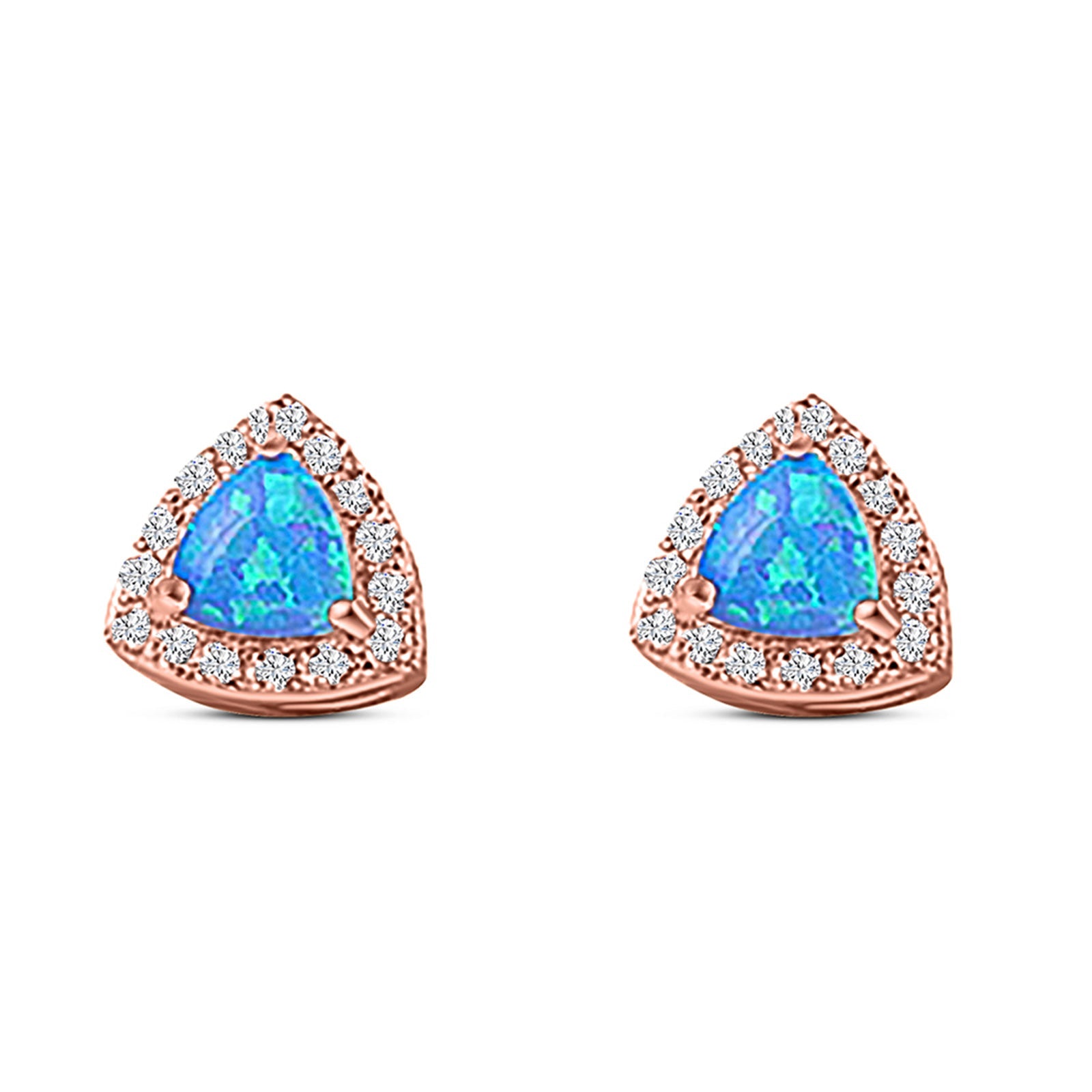 Halo Art Deco Trillion Triangle Stud Earring Created Opal Solid 925 Sterling Silver (9mm)