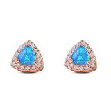 Halo Art Deco Trillion Triangle Stud Earring Created Opal Solid 925 Sterling Silver (9mm)
