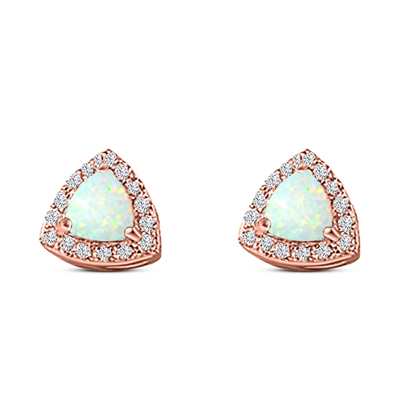 Halo Art Deco Trillion Triangle Stud Earring Created Opal Solid 925 Sterling Silver (9mm)