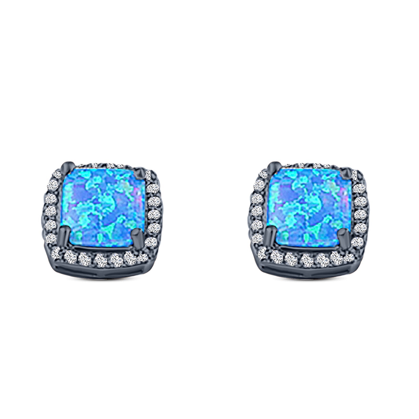 Halo Art Deco Cushion Cut Stud Earring Created Opal Solid 925 Sterling Silver (11mm)