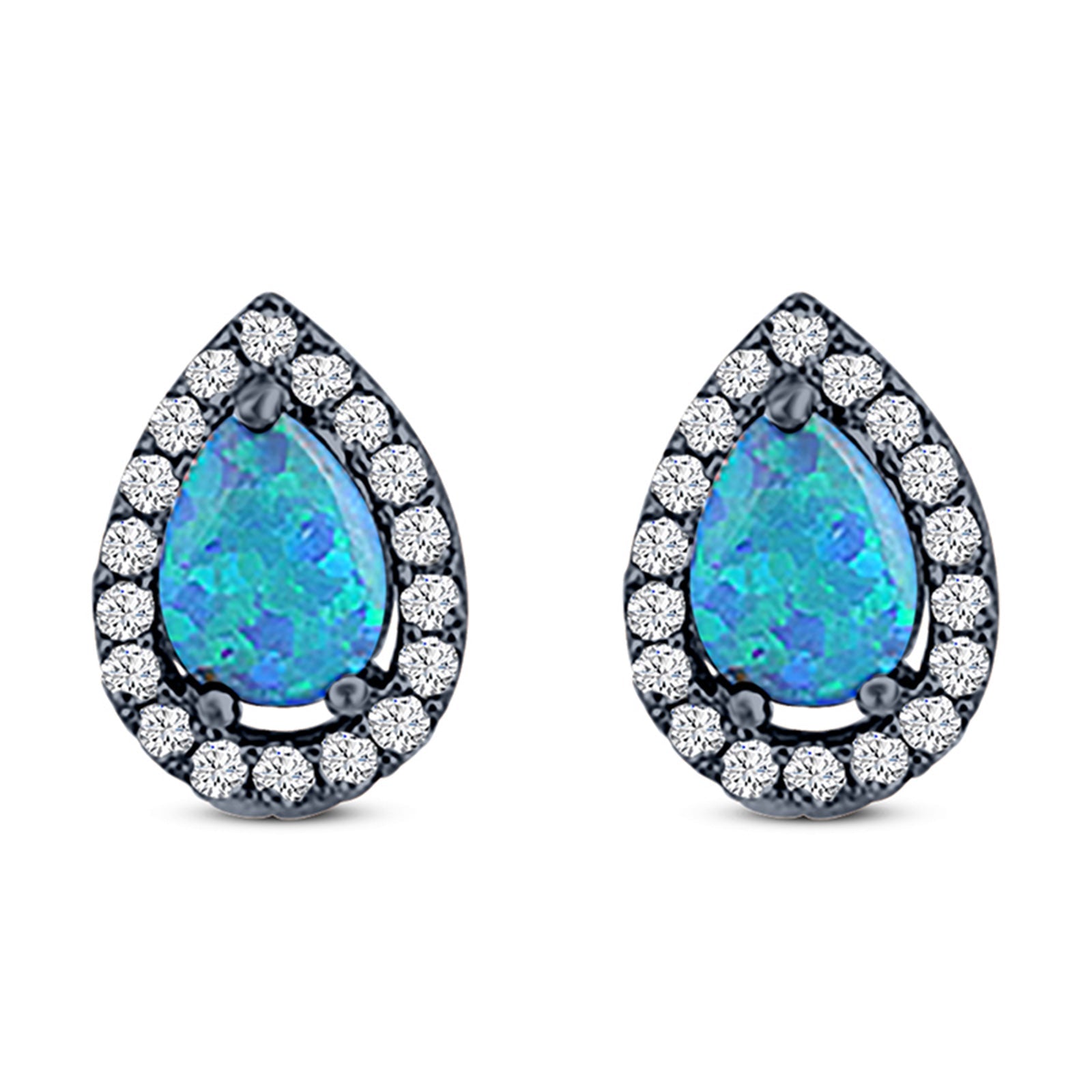 Halo Teardrop Bridal Pear Stud Earring Created Opal Solid 925 Sterling Silver (13mm)