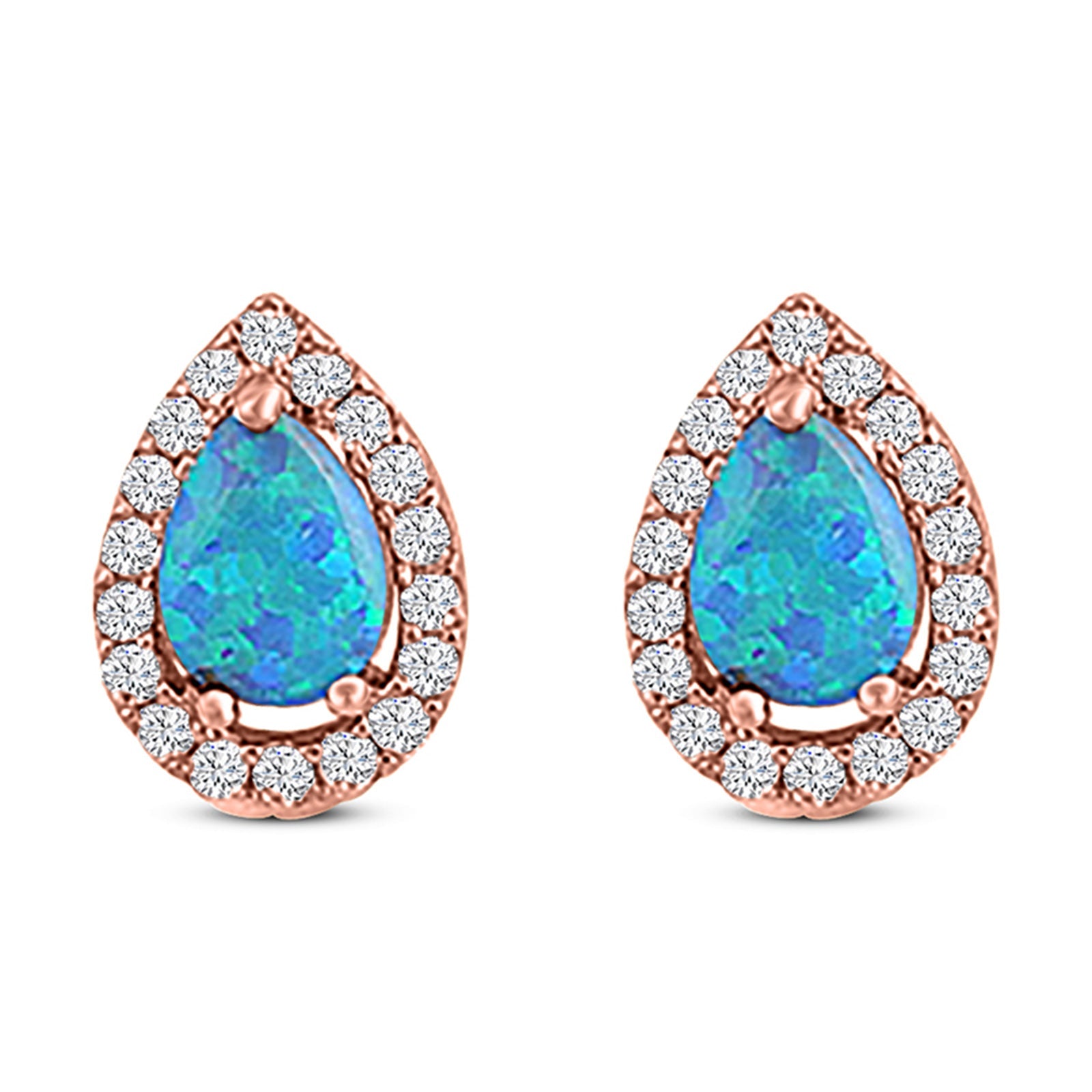 Halo Teardrop Bridal Pear Stud Earring Created Opal Solid 925 Sterling Silver (13mm)
