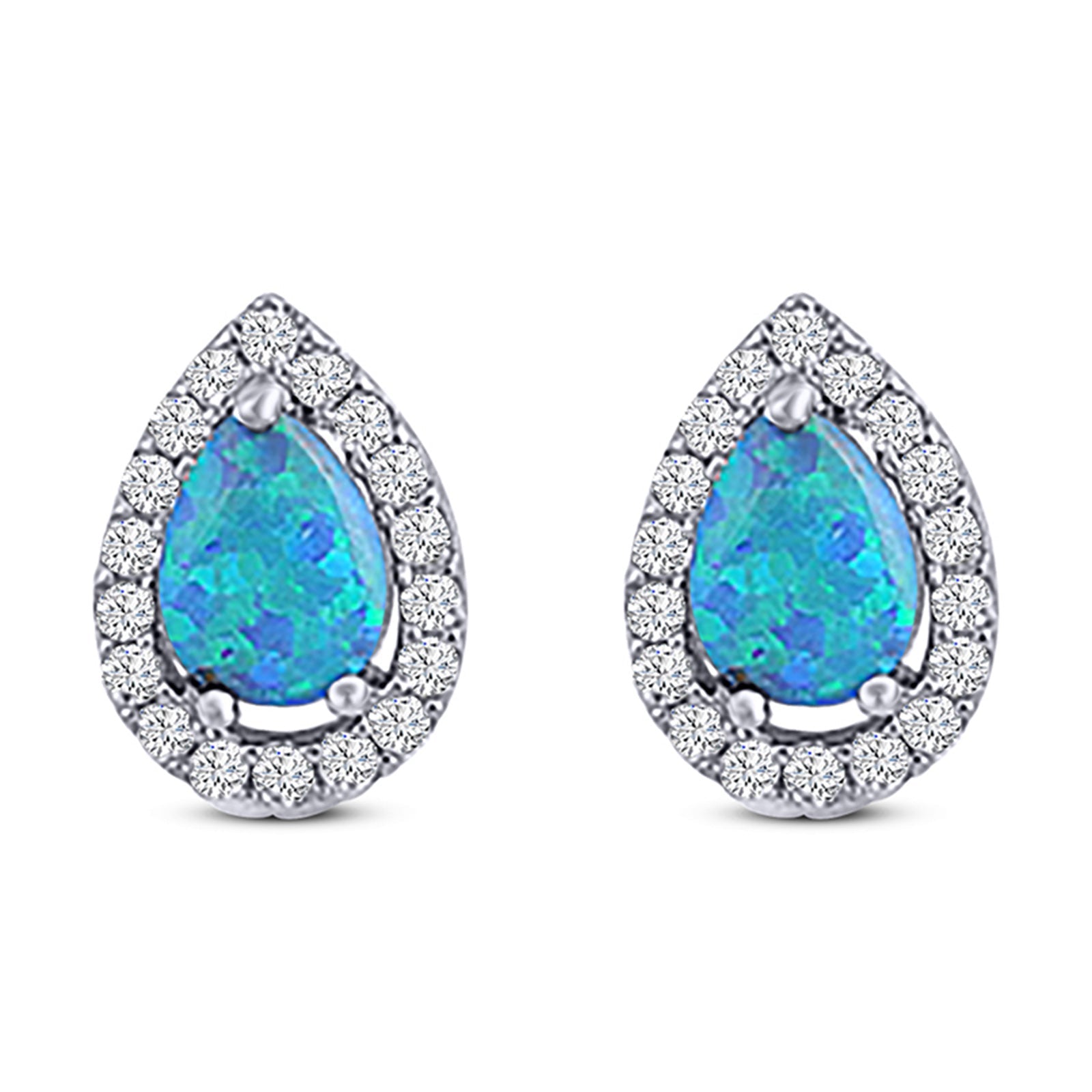 Halo Teardrop Bridal Pear Stud Earring Created Opal Solid 925 Sterling Silver (13mm)