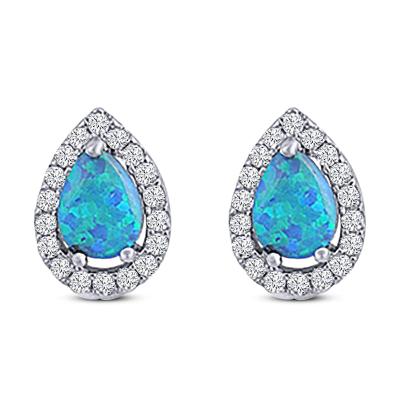 Halo Teardrop Bridal Pear Stud Earring Created Opal Solid 925 Sterling Silver (13mm)