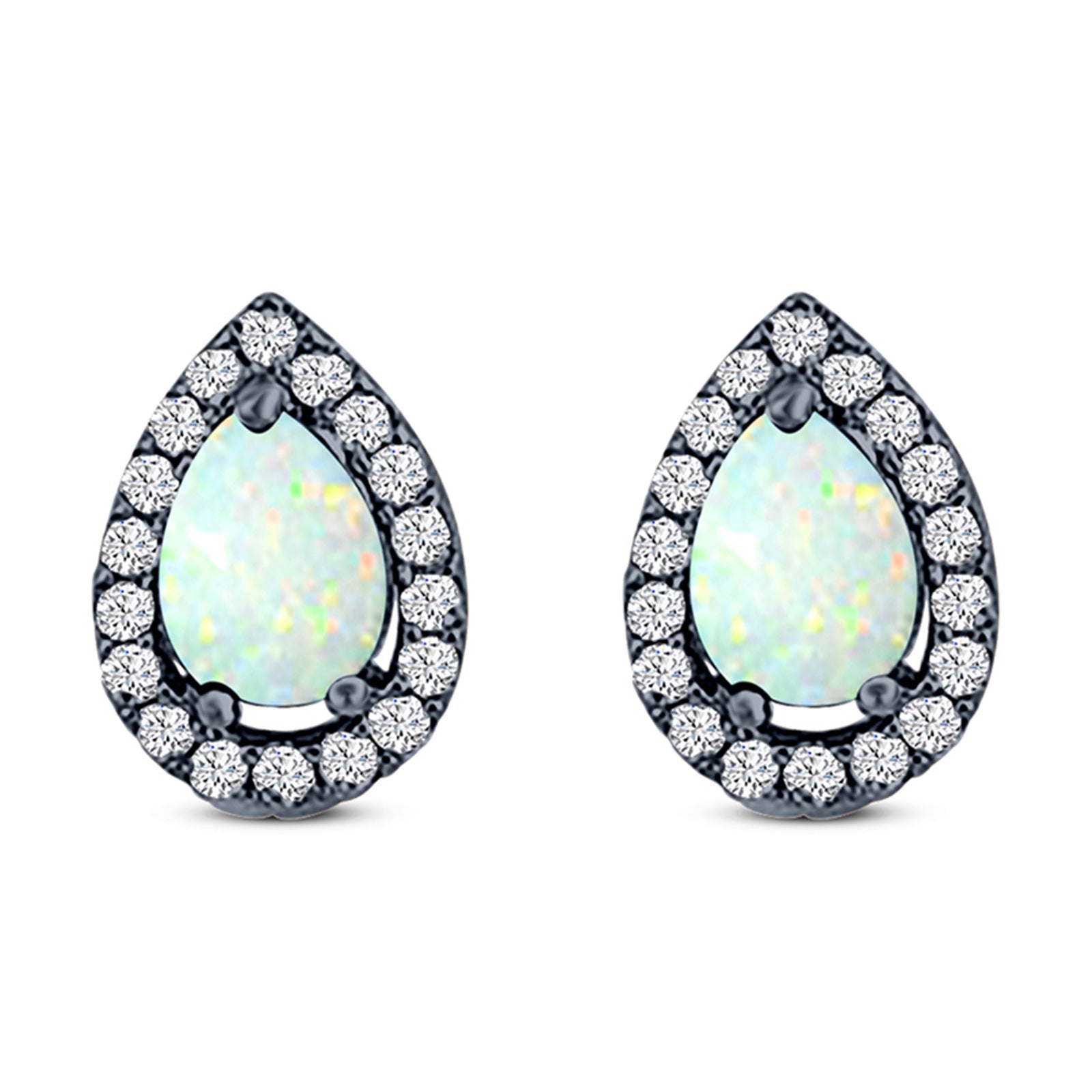 Halo Teardrop Bridal Pear Stud Earring Created Opal Solid 925 Sterling Silver (13mm)