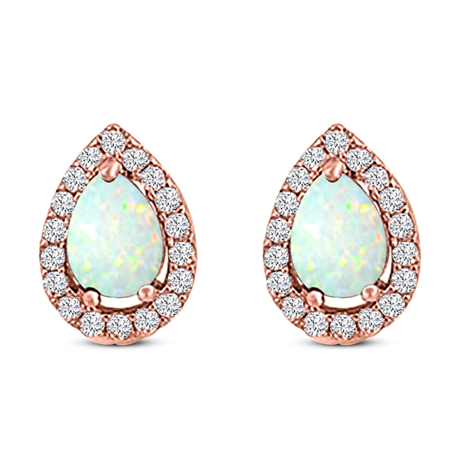 Halo Teardrop Bridal Pear Stud Earring Created Opal Solid 925 Sterling Silver (13mm)