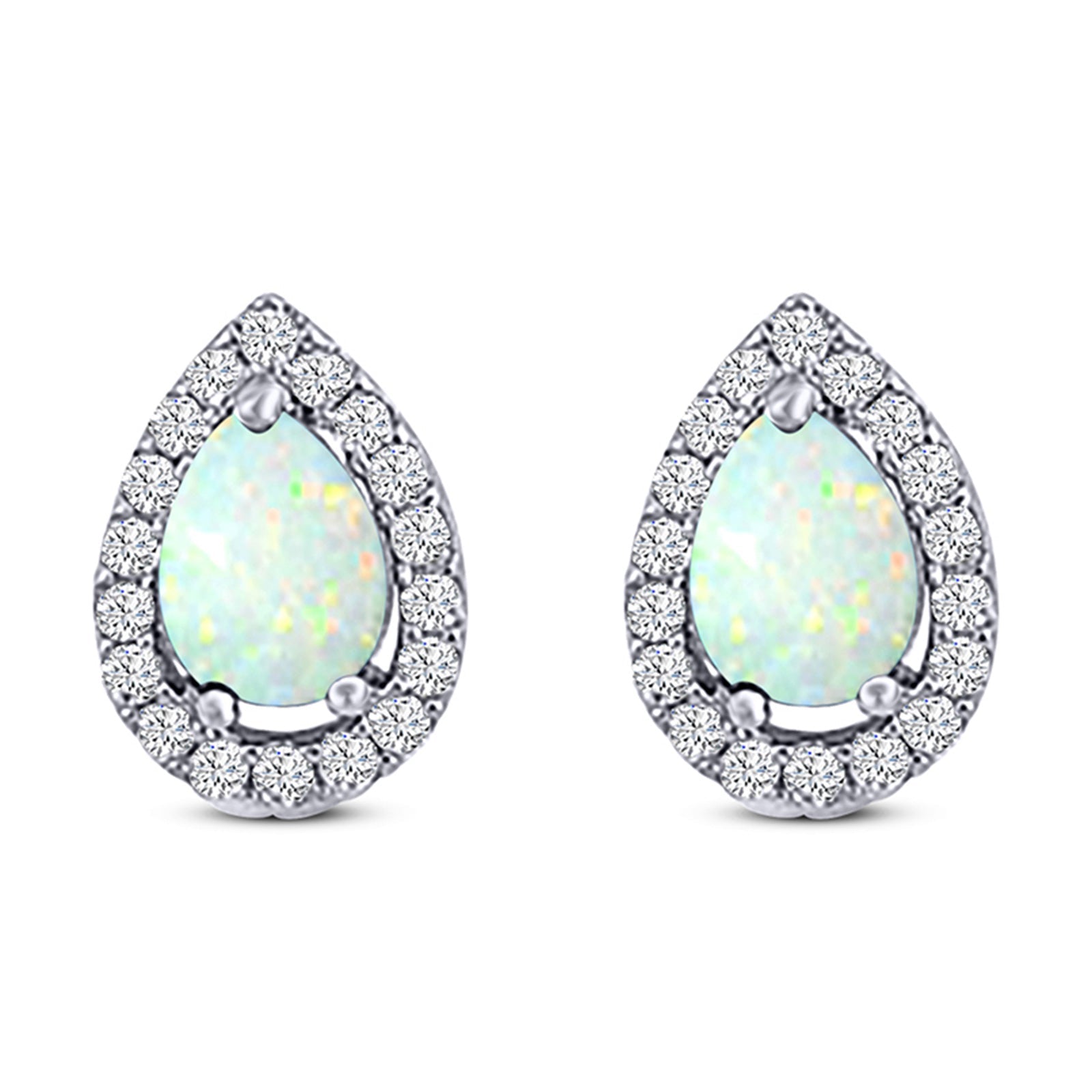 Halo Teardrop Bridal Pear Stud Earring Created Opal Solid 925 Sterling Silver (13mm)