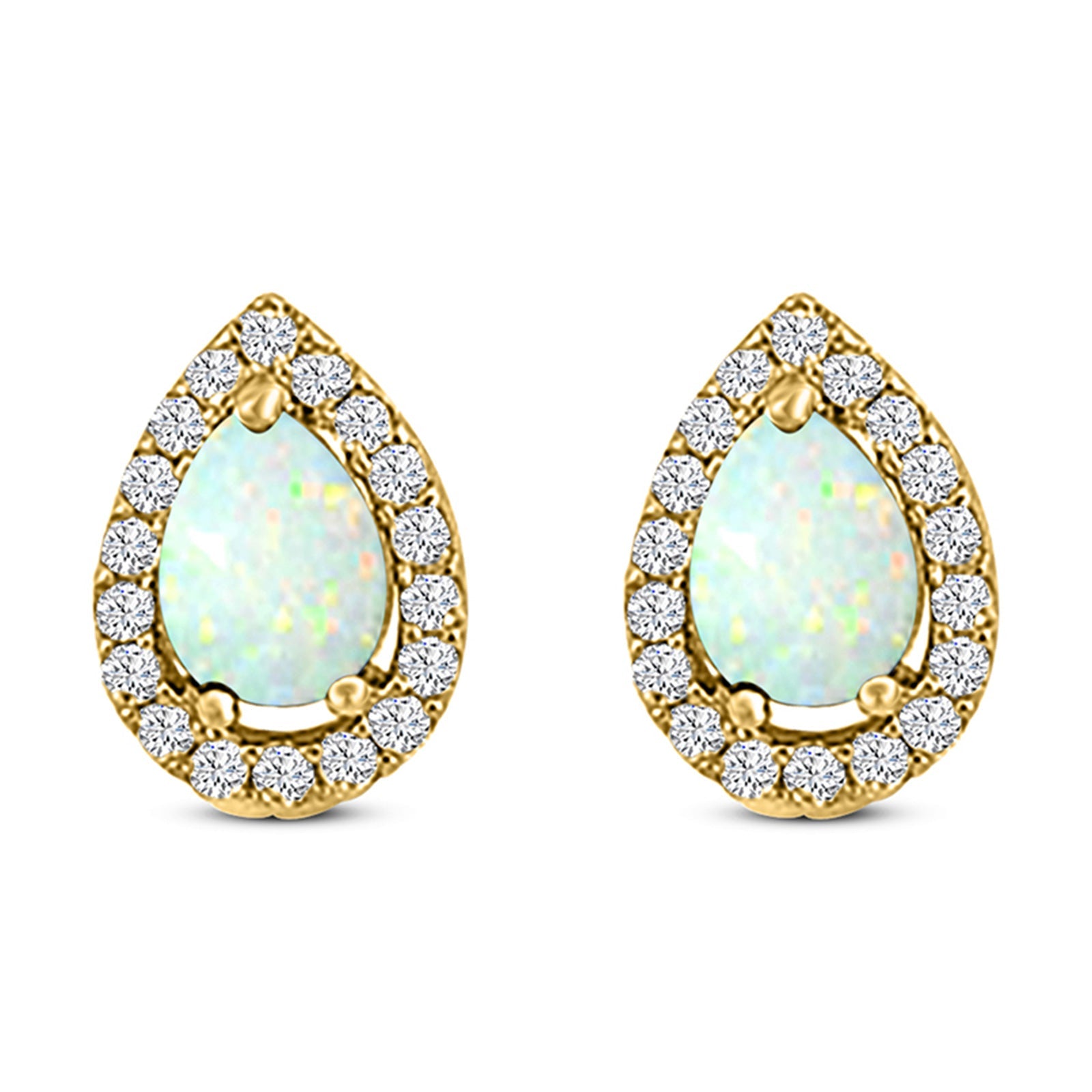 Halo Teardrop Bridal Pear Stud Earring Created Opal Solid 925 Sterling Silver (13mm)