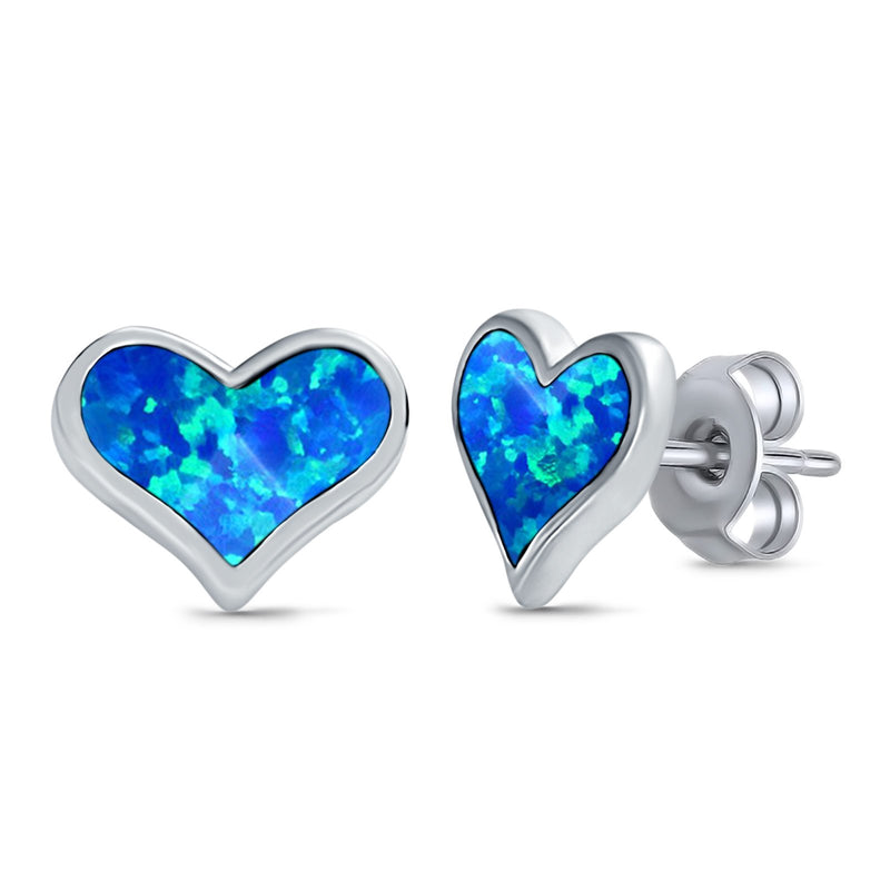 Heart Stud Earrings Created Opal 925 Sterling Silver (10mm)
