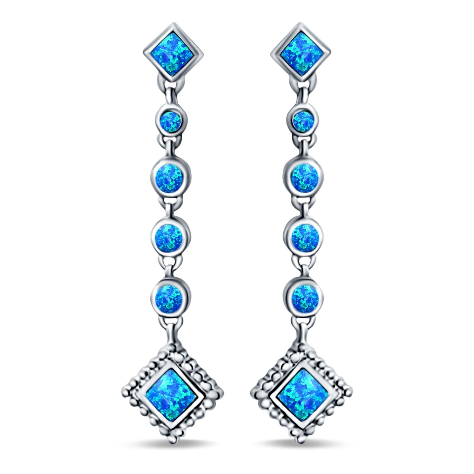 Drop Dangle Square Stud Earrings Round Created Opal 925 Sterling Silver(40mm)