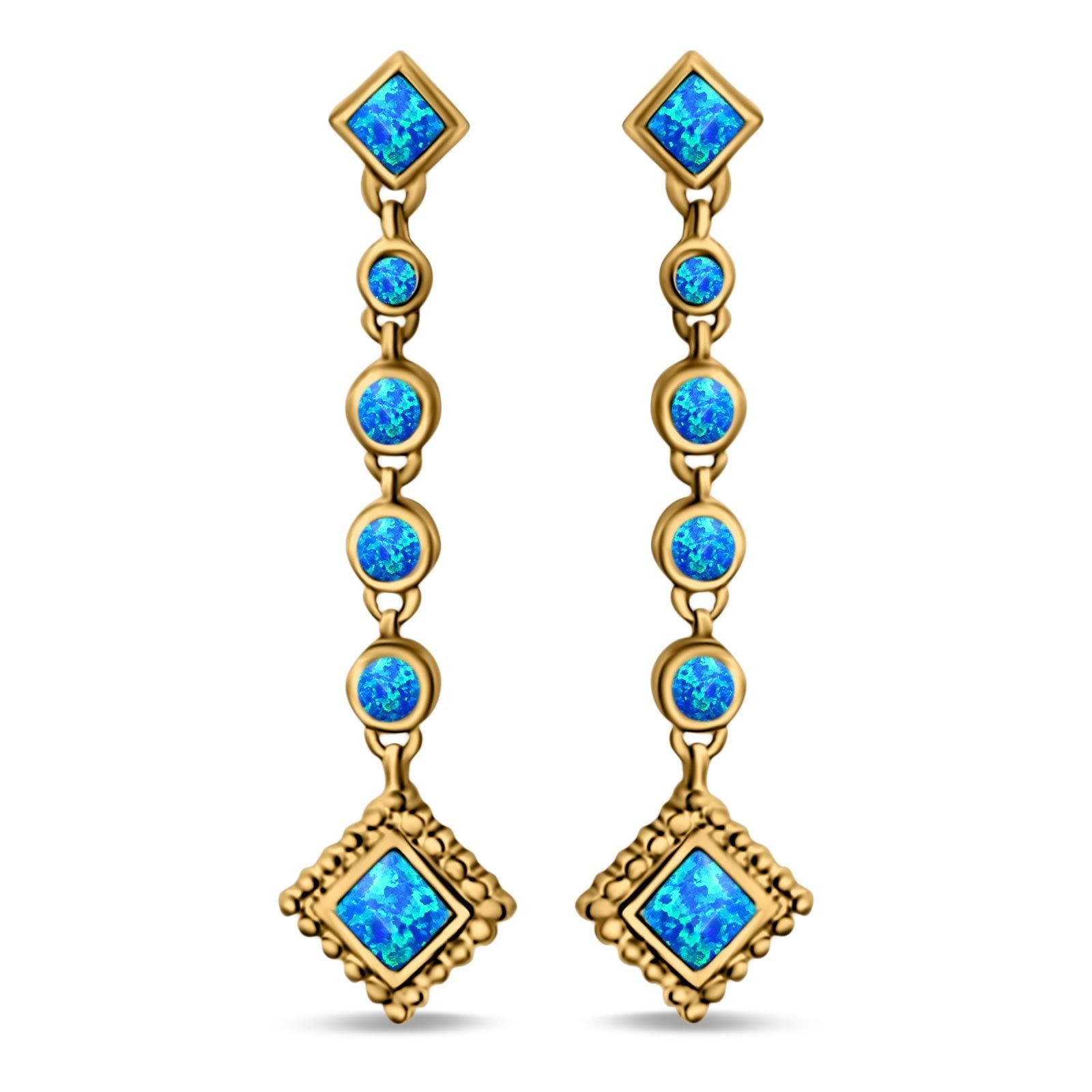 Drop Dangle Square Stud Earrings Round Created Opal 925 Sterling Silver(40mm)