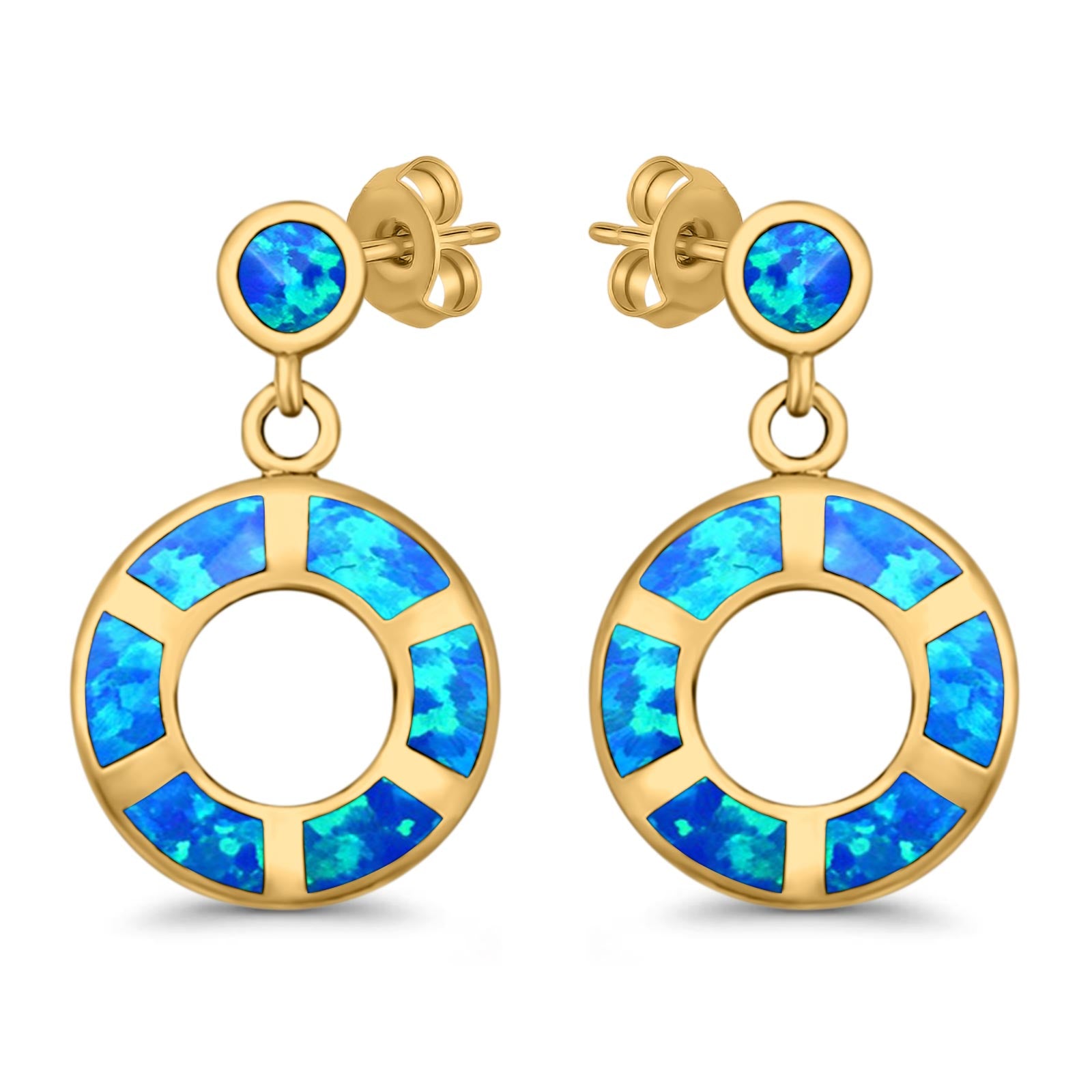 Stud Earring Round Shape Lab Created Blue Opal 925 Sterling Silver (25mm)