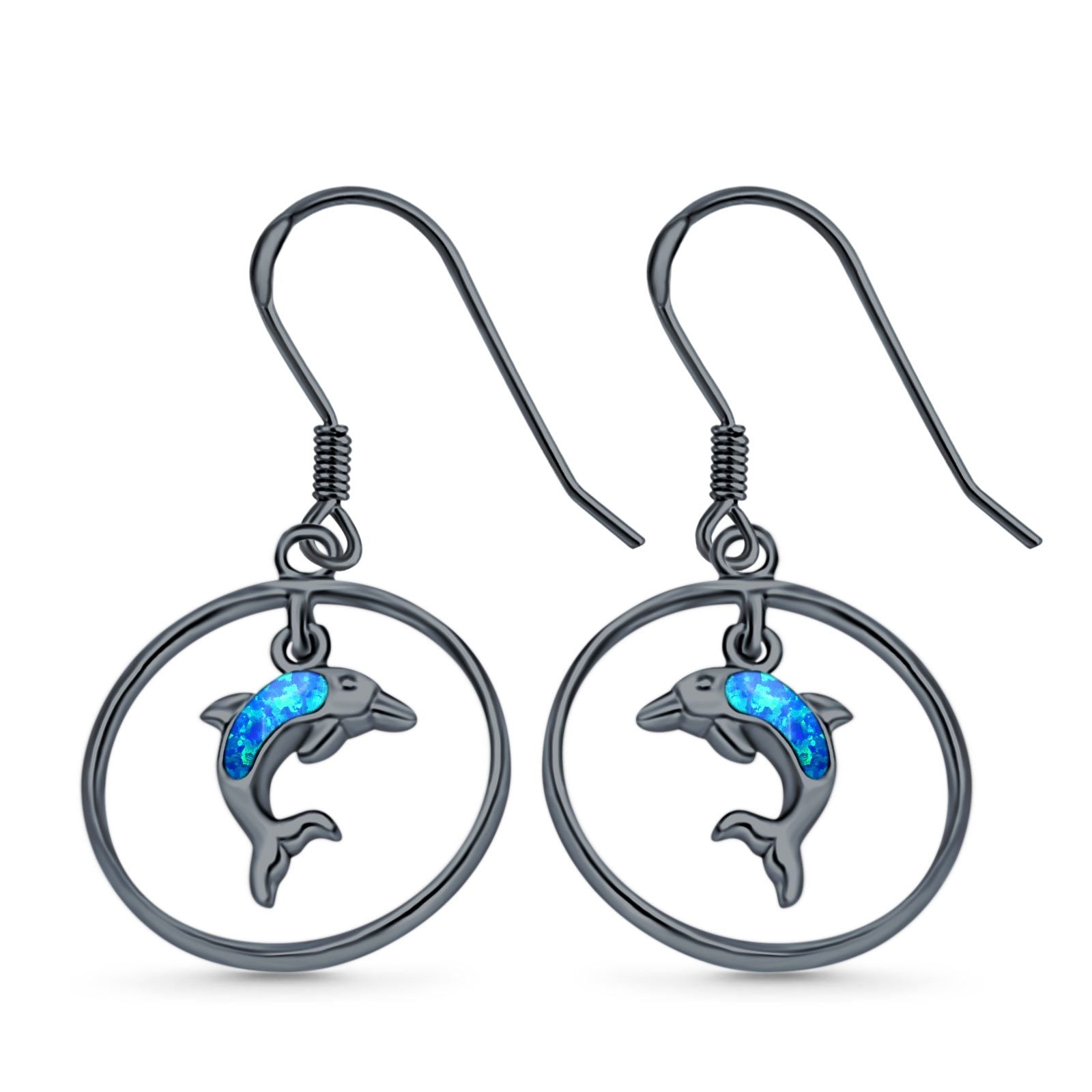 Drop Dangle Dolphin Earrings Created Opal 925 Sterling Silver (22mm)