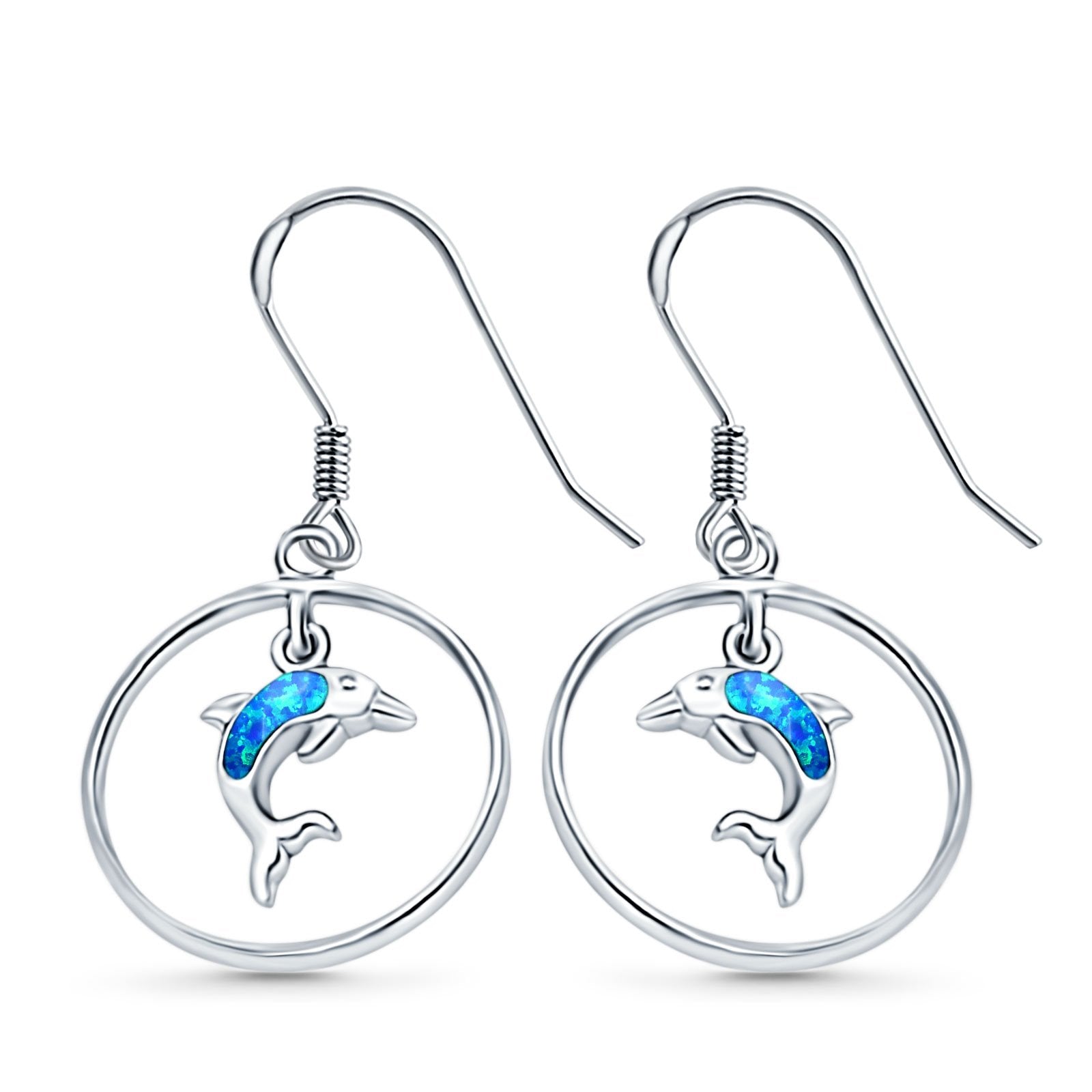 Drop Dangle Dolphin Earrings Created Opal 925 Sterling Silver (22mm)