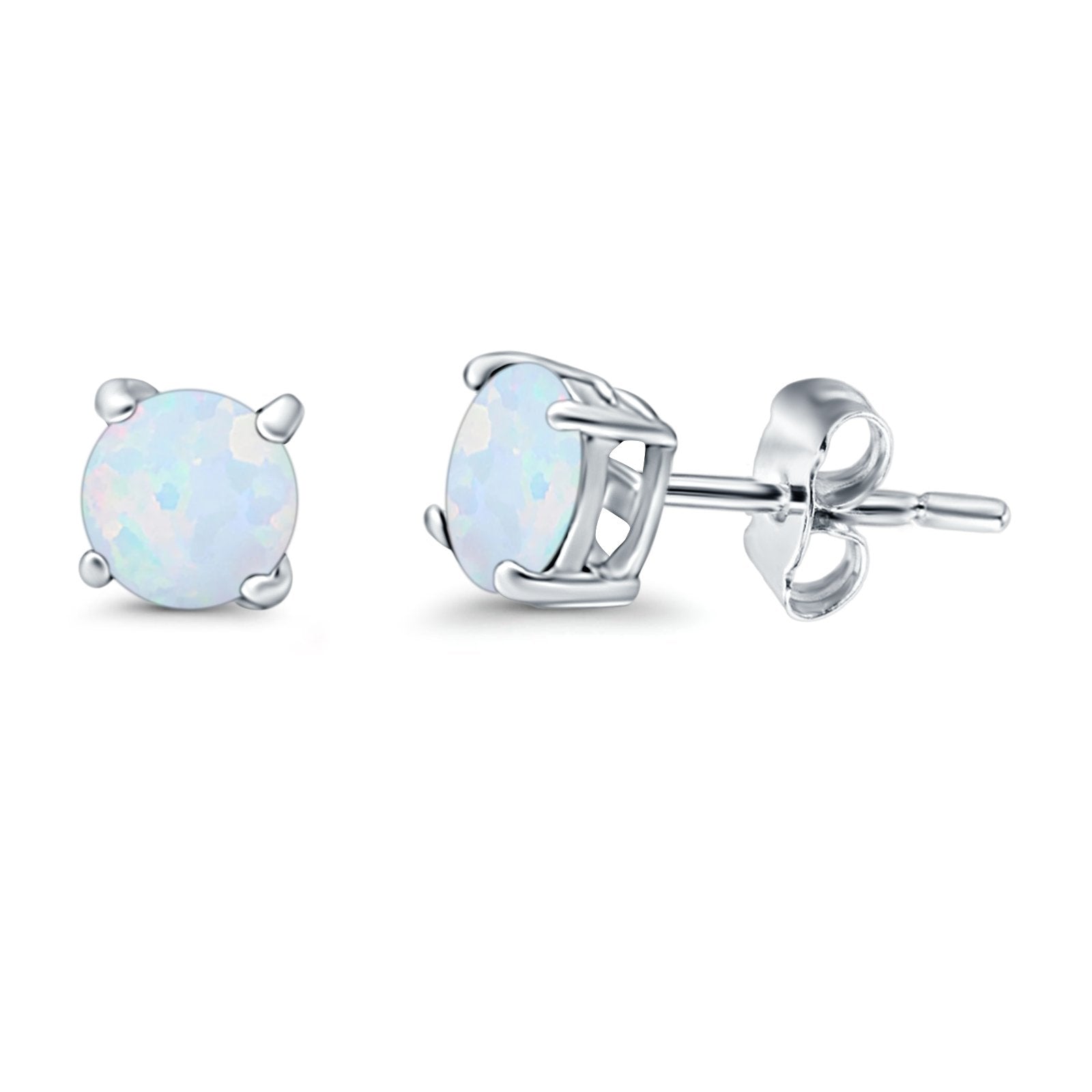 Round Stud Earrings Lab Created Opal 925 Sterling Silver (7mm)