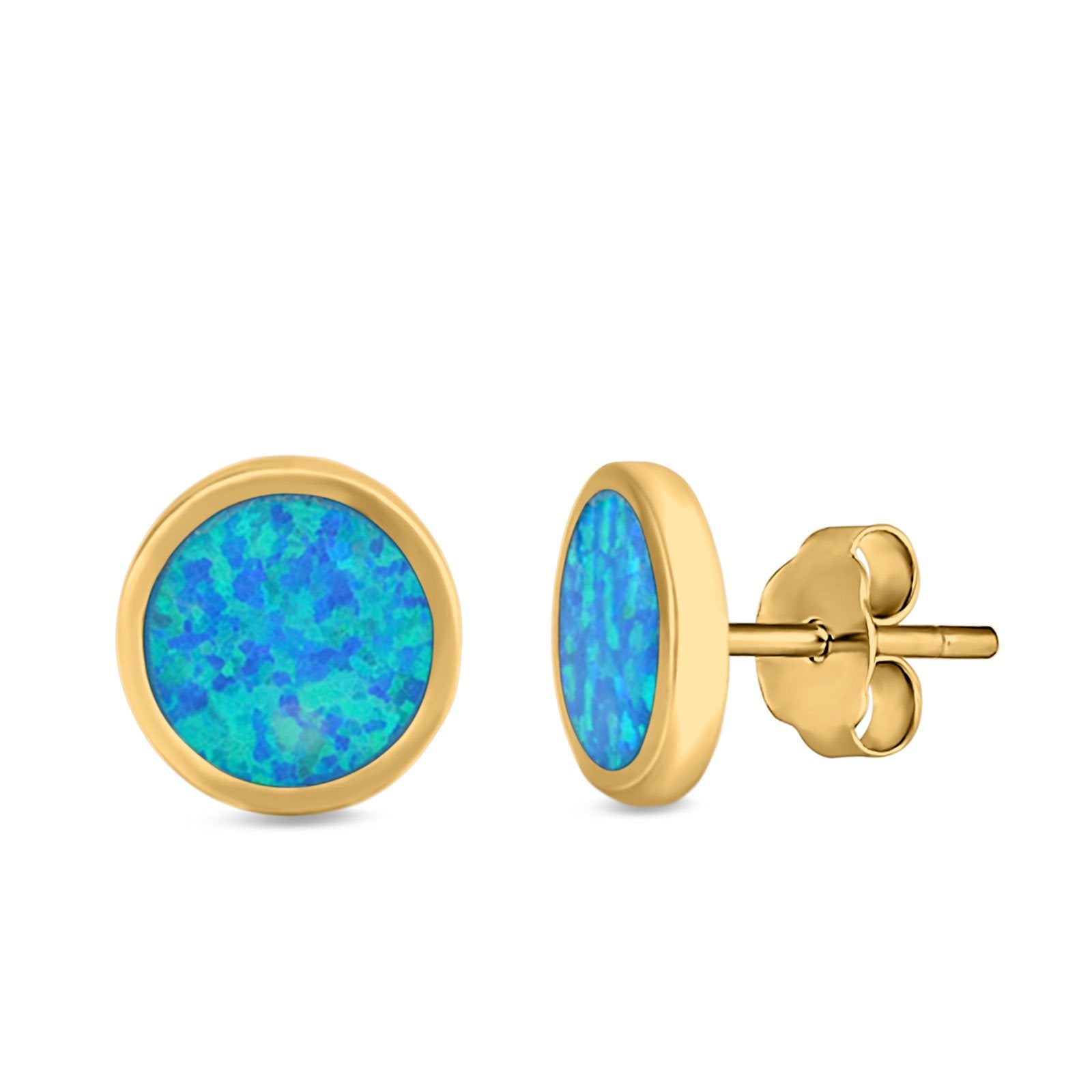 Bezel Round Stud Earrings Created Opal 925 Sterling Silver (10mm)