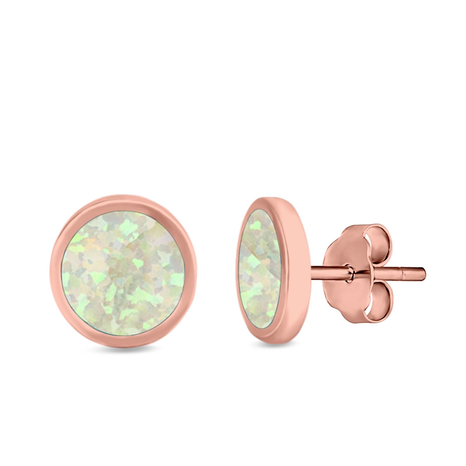 Bezel Round Stud Earrings Created Opal 925 Sterling Silver (10mm)
