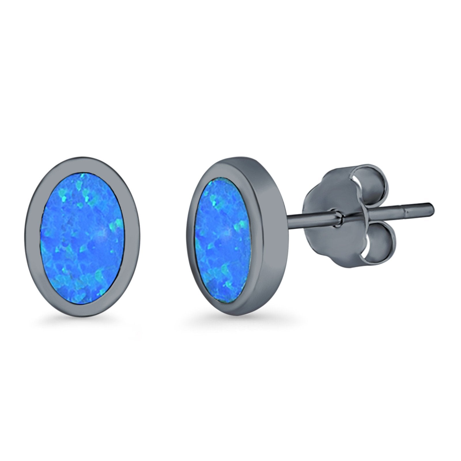 Oval Stud Earrings Lab Created Opal 925 Sterling Silver (7mm)