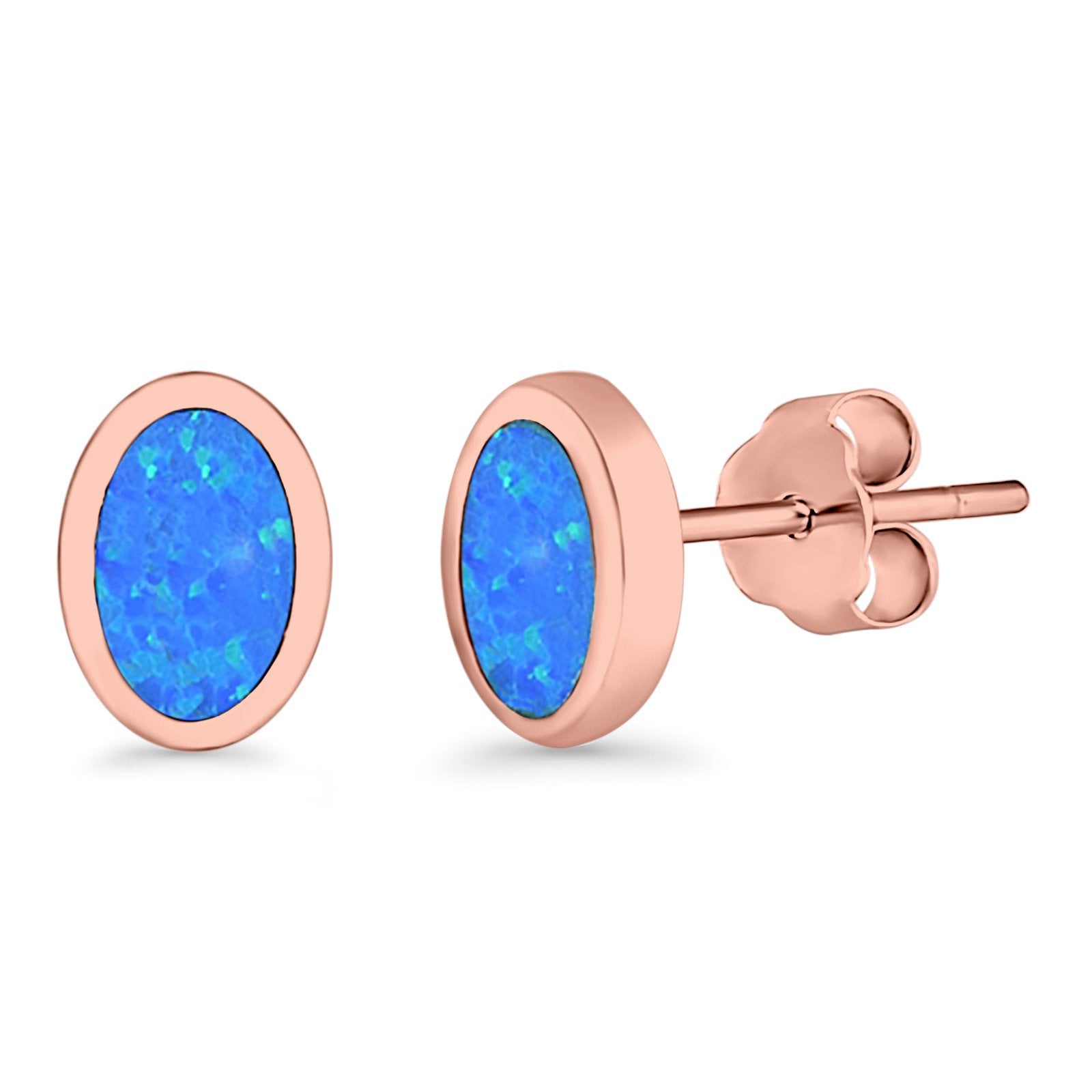 Oval Stud Earrings Lab Created Opal 925 Sterling Silver (7mm)