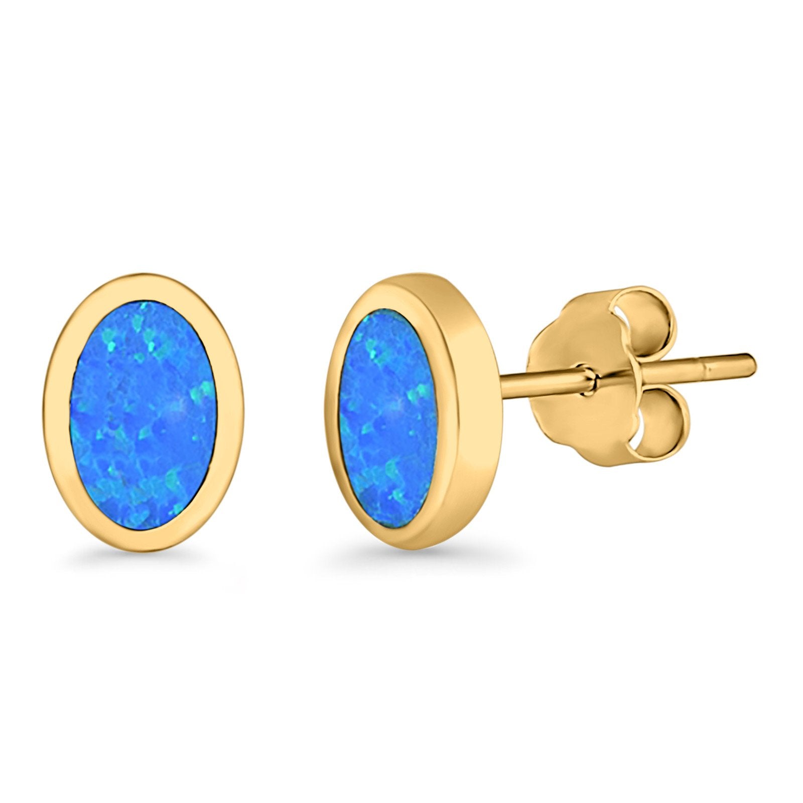 Oval Stud Earrings Lab Created Opal 925 Sterling Silver (7mm)