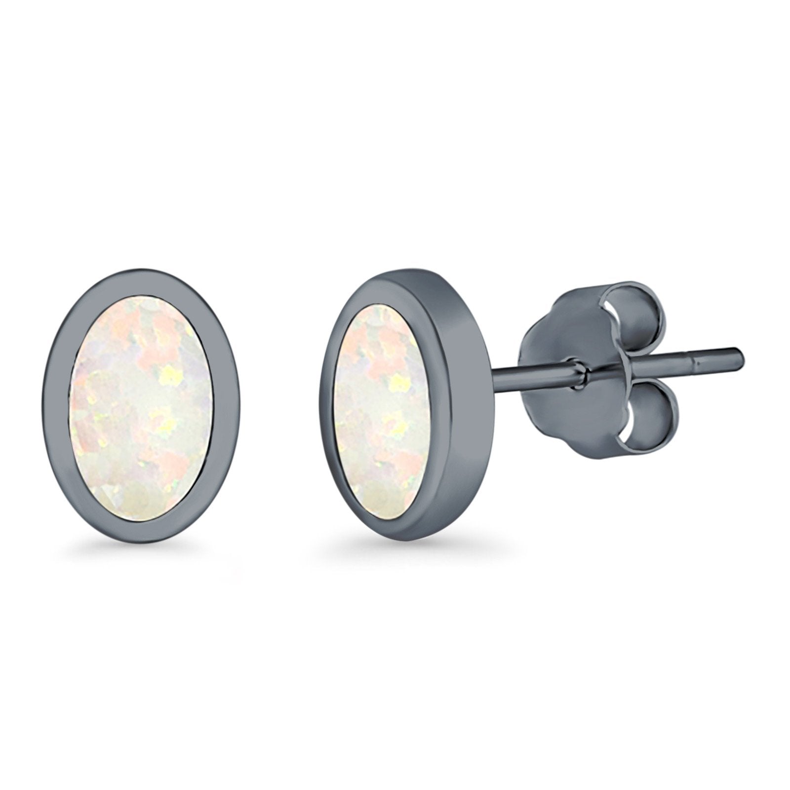 Oval Stud Earrings Lab Created Opal 925 Sterling Silver (7mm)
