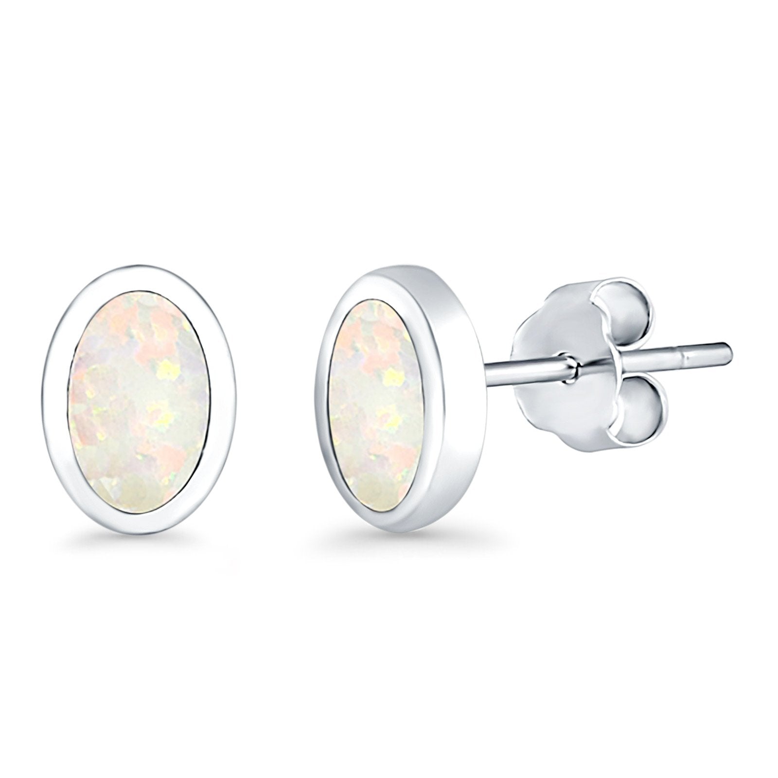 Oval Stud Earrings Lab Created Opal 925 Sterling Silver (7mm)